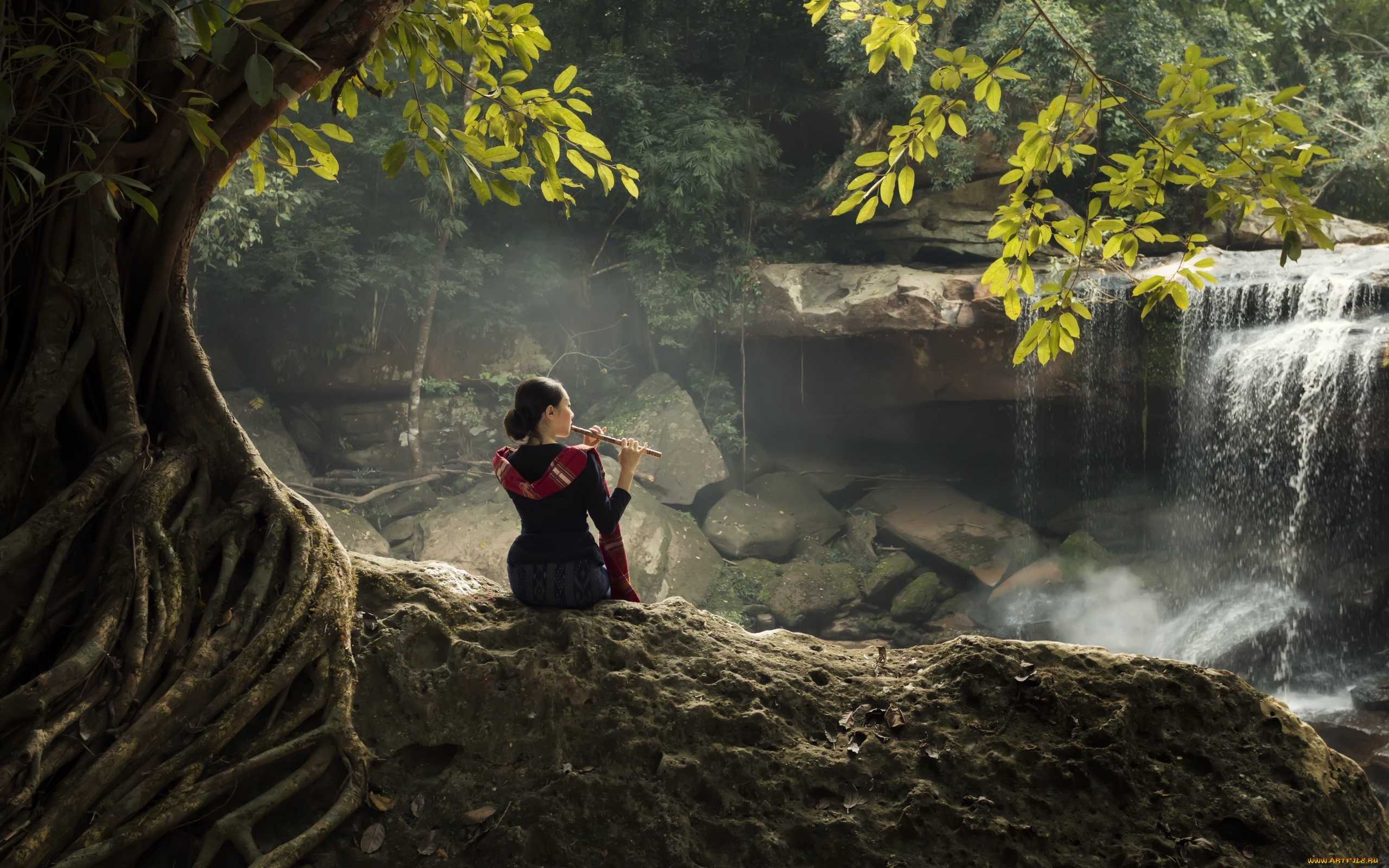 музыка, -, другое, флейта, пейзаж, девушка