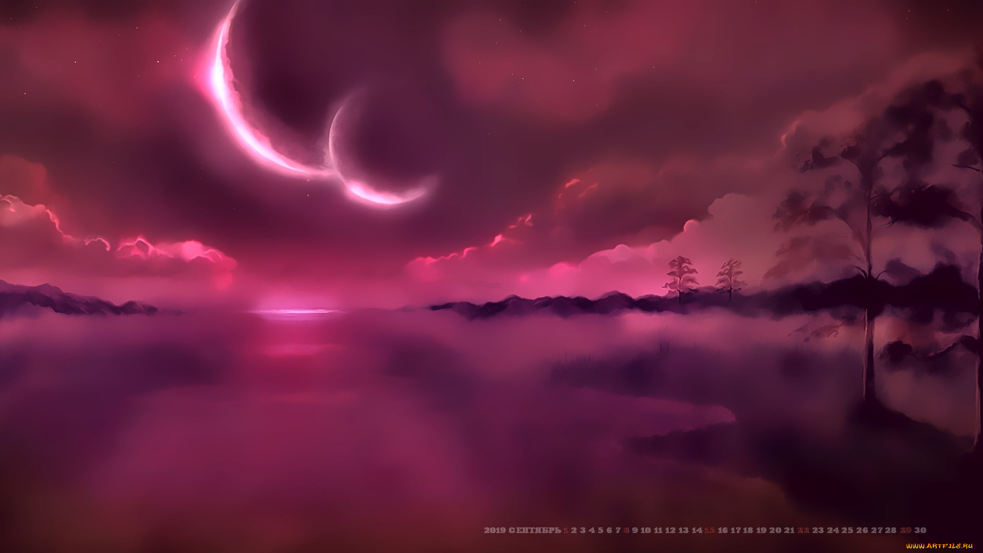 календари, фэнтези, calendar, 2019, природа, дерево, гора, луна