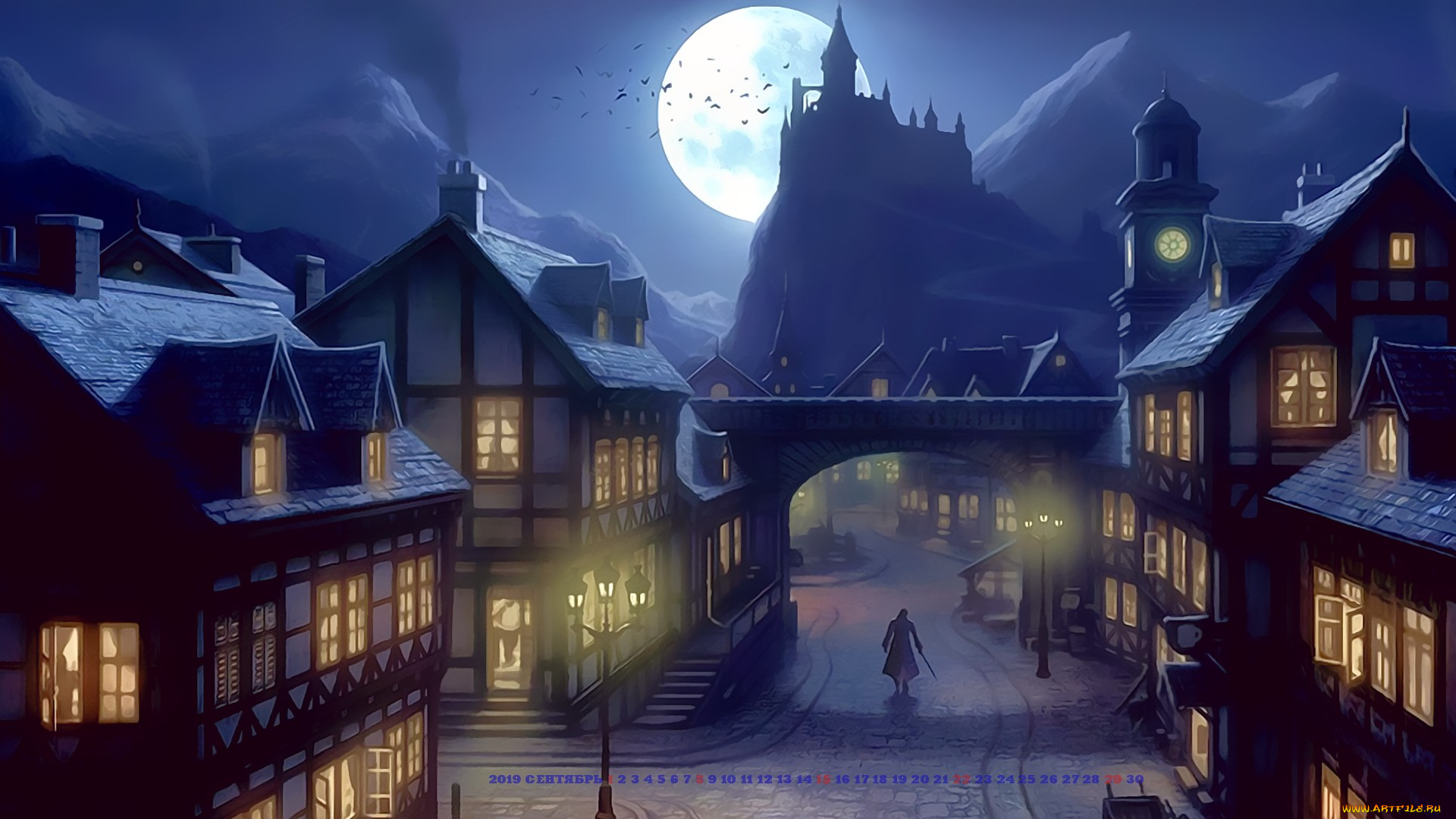 календари, фэнтези, луна, город, человек, улица, calendar, 2019, ночь, дом, замок, здание