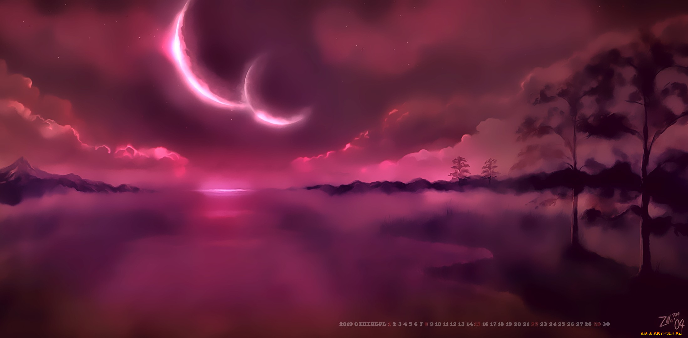 календари, фэнтези, calendar, 2019, природа, дерево, гора, луна