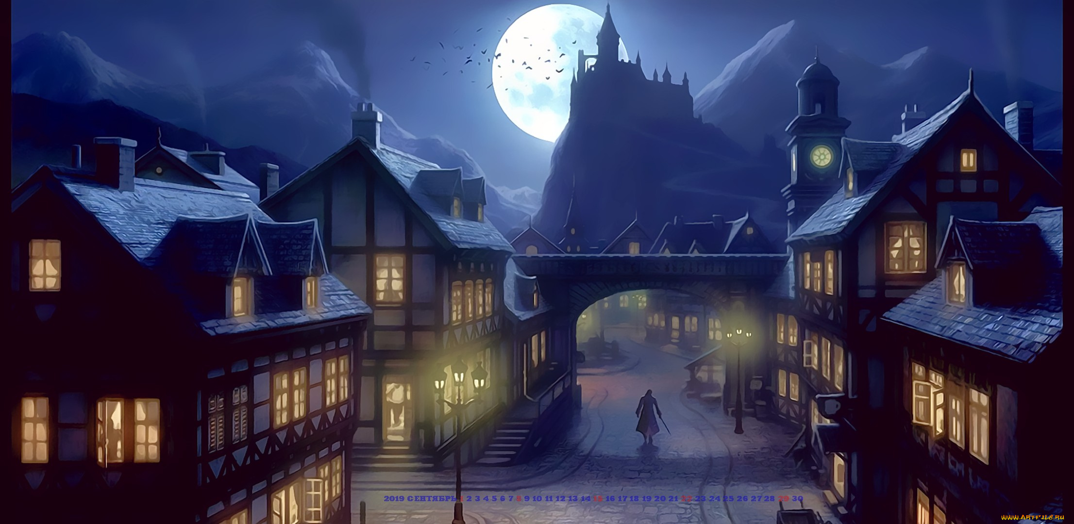 календари, фэнтези, луна, город, человек, улица, calendar, 2019, ночь, дом, замок, здание