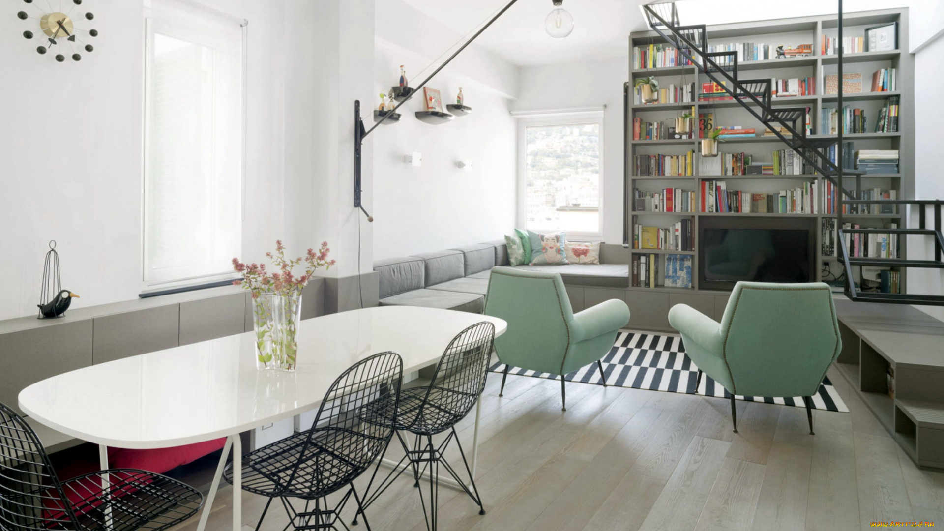 интерьер, гостиная, книжный, шкаф, мягкий, уголок