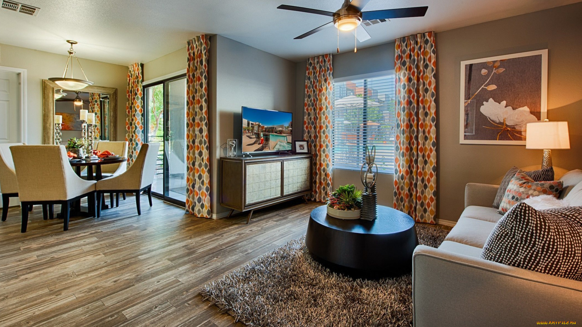 интерьер, гостиная, вентилятор, диван, лампа