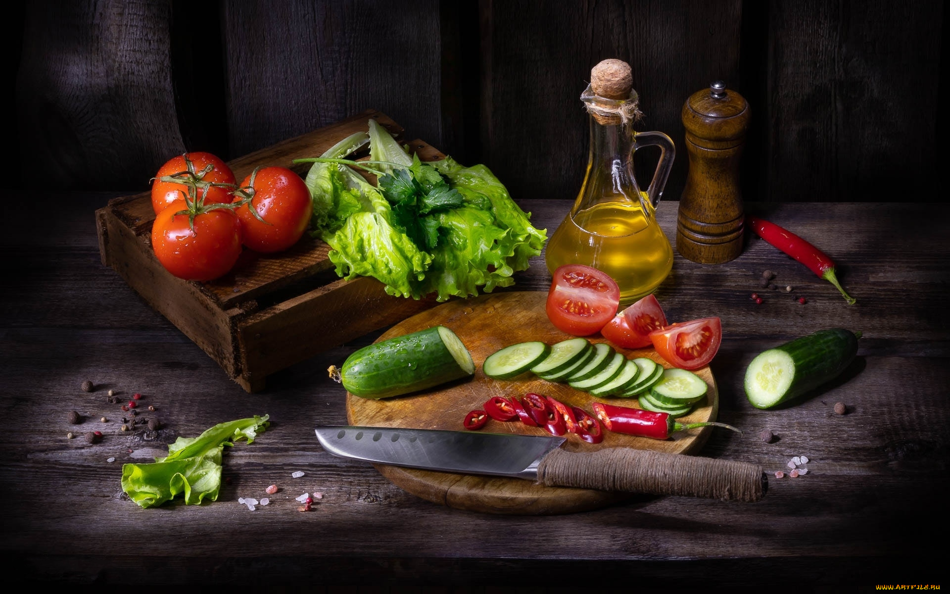 еда, овощи, салат, огурец, перец, помидоры, масло