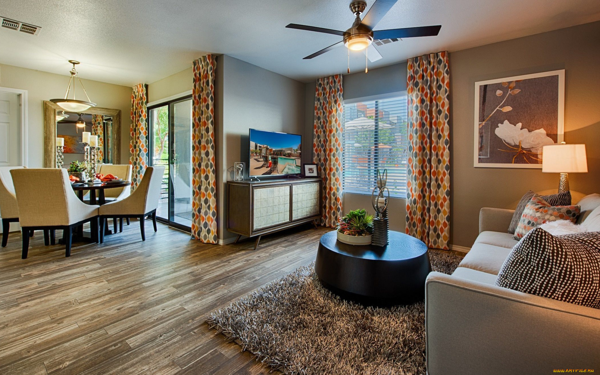 интерьер, гостиная, вентилятор, диван, лампа