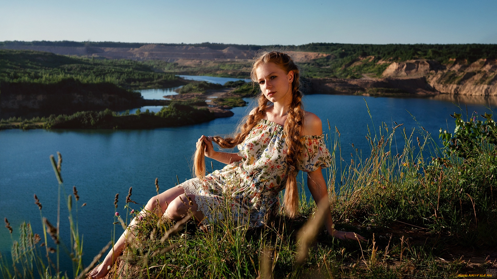 девушки, -, рыжеволосые, и, разноцветные, озеро, трава, рыженькая, косы, платье, ирина, щукина