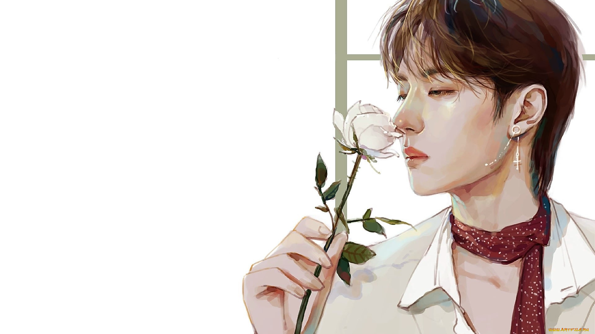 рисованное, люди, ван, ибо, шарф, цветок, роза, серьга