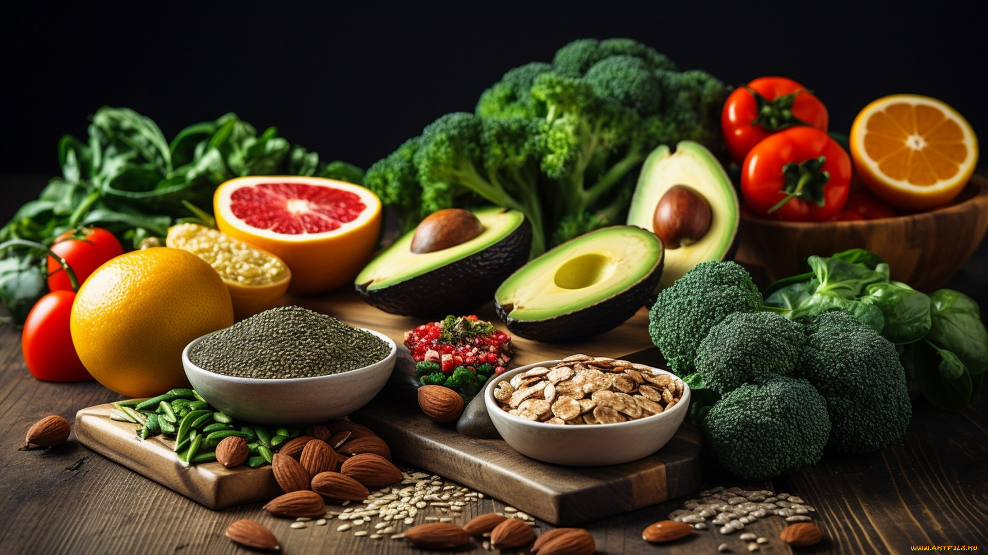 еда, разное, брокколи, авокадо, базилик, орехи, помидоры