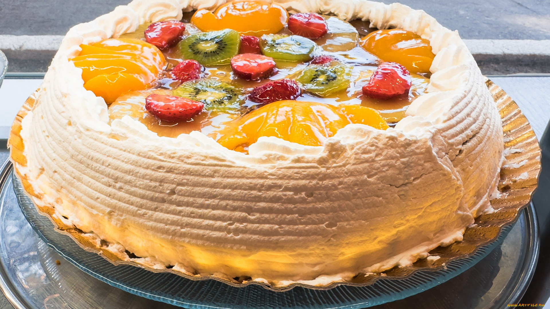 еда, торты, фруктовый, торт, персик, клубника, киви