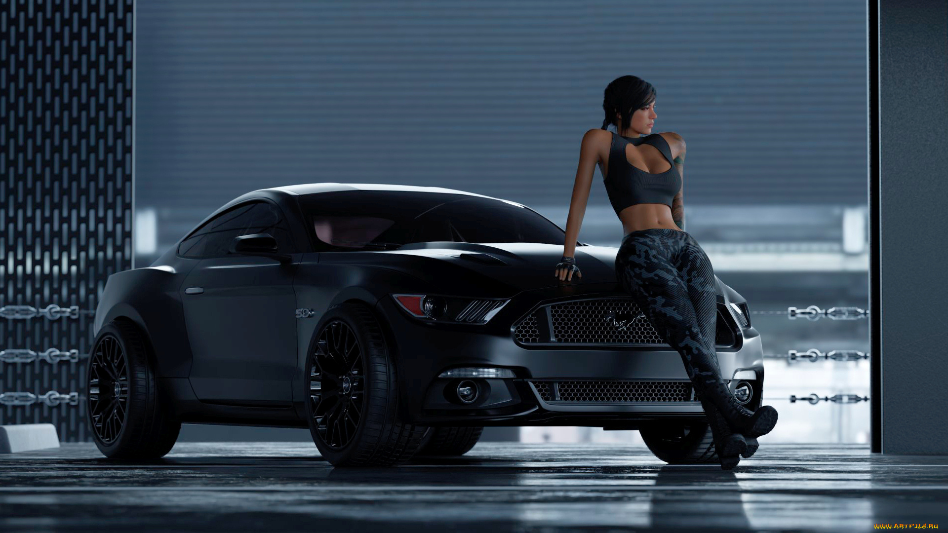 видео, игры, call, of, duty, женщины, с, автомобилями, мара, валькирия, call, of, duty, гараж, брюнетка, черные, автомобили, тату, персонажи, видеоигр, форд, мустанг, американские
