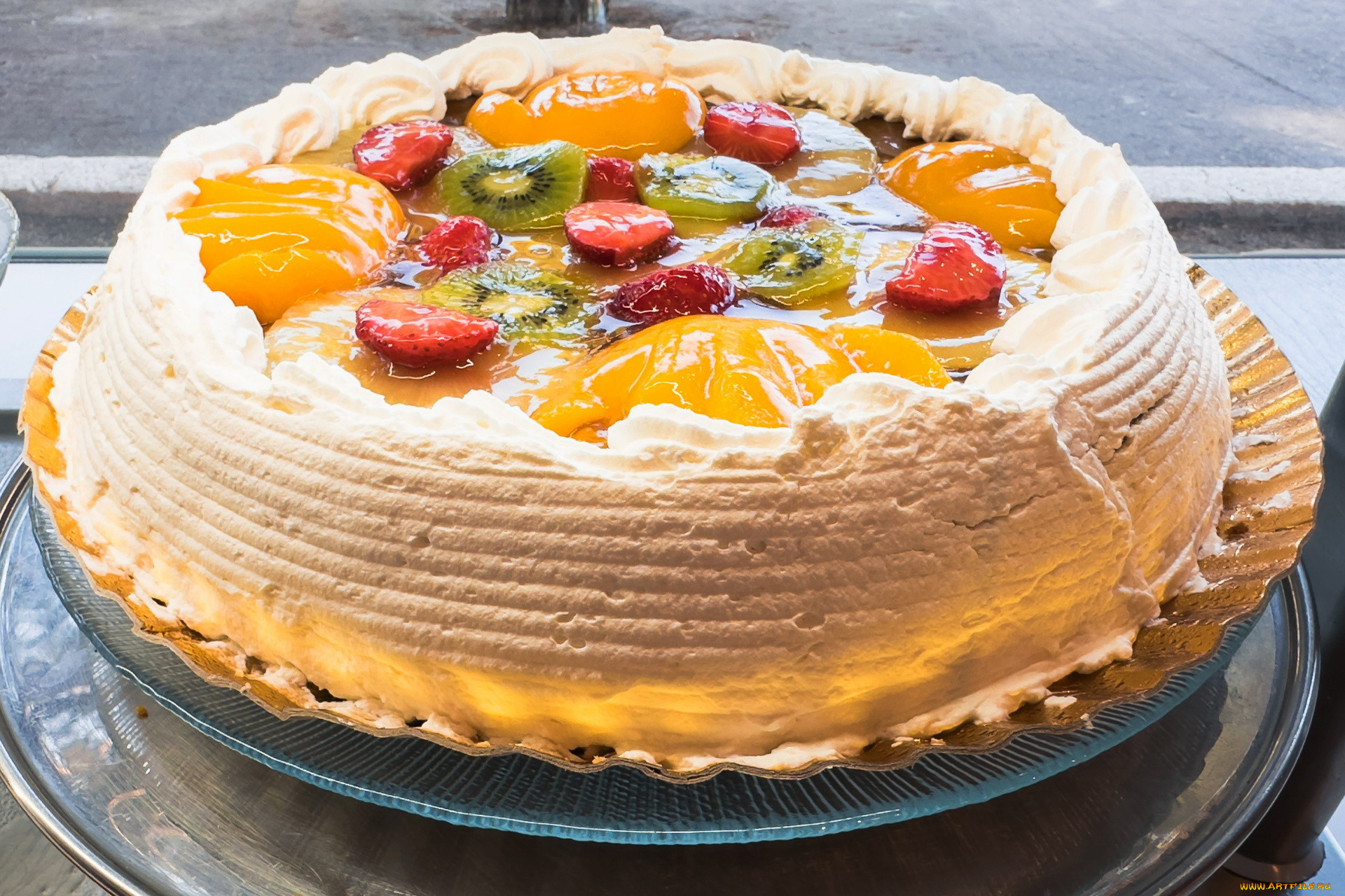 еда, торты, фруктовый, торт, персик, клубника, киви