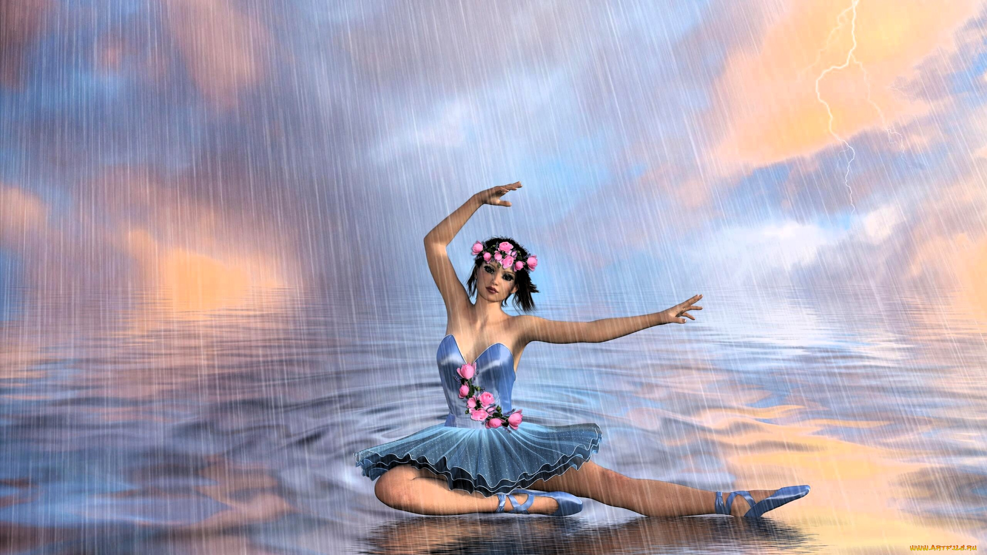 3д, графика, люди, , people, девушка, балерина, цветы, дождь