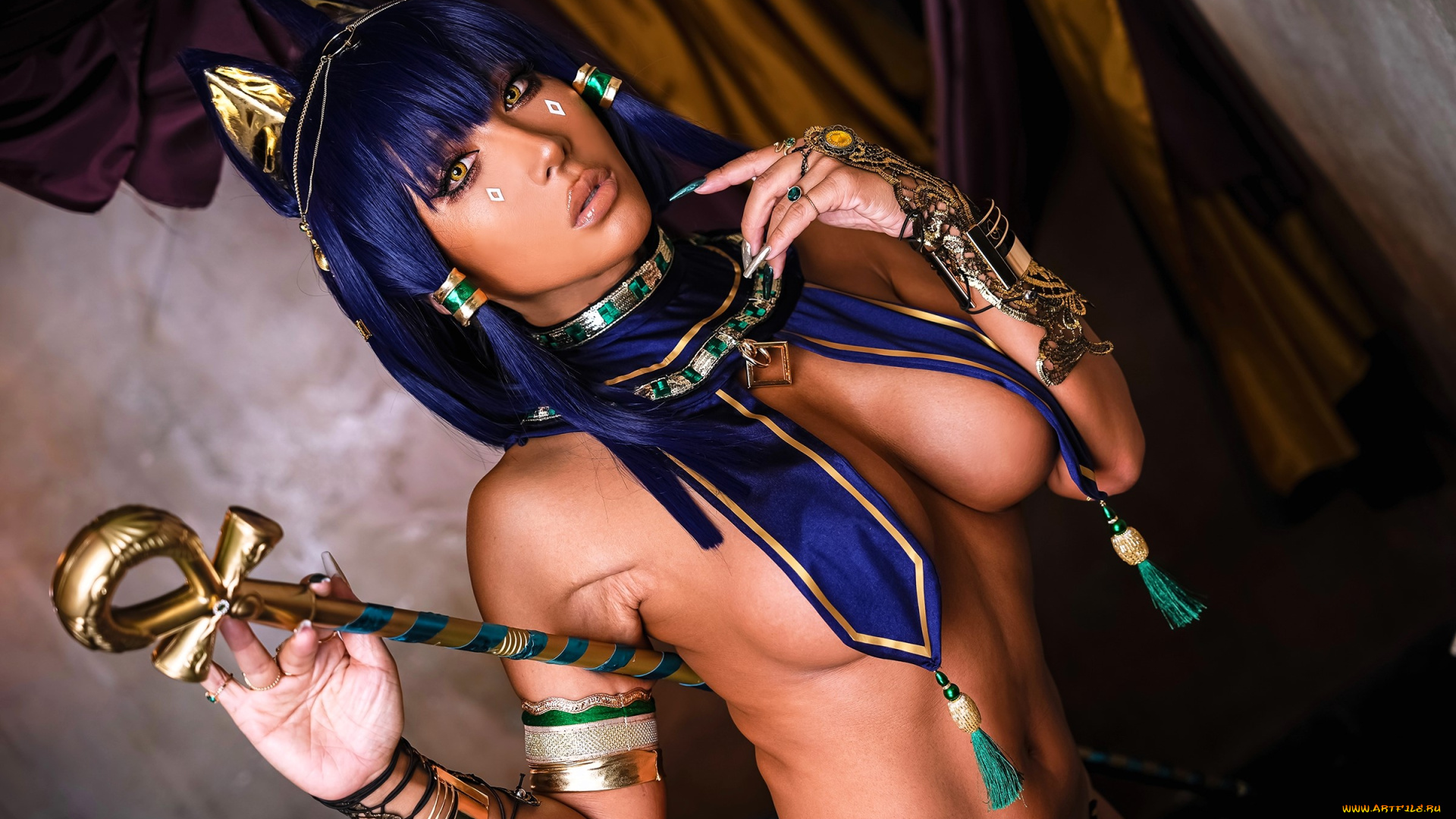 девушки, nonsummerjack, образ, косплей, наряд, египет, украшения, ушки, посох