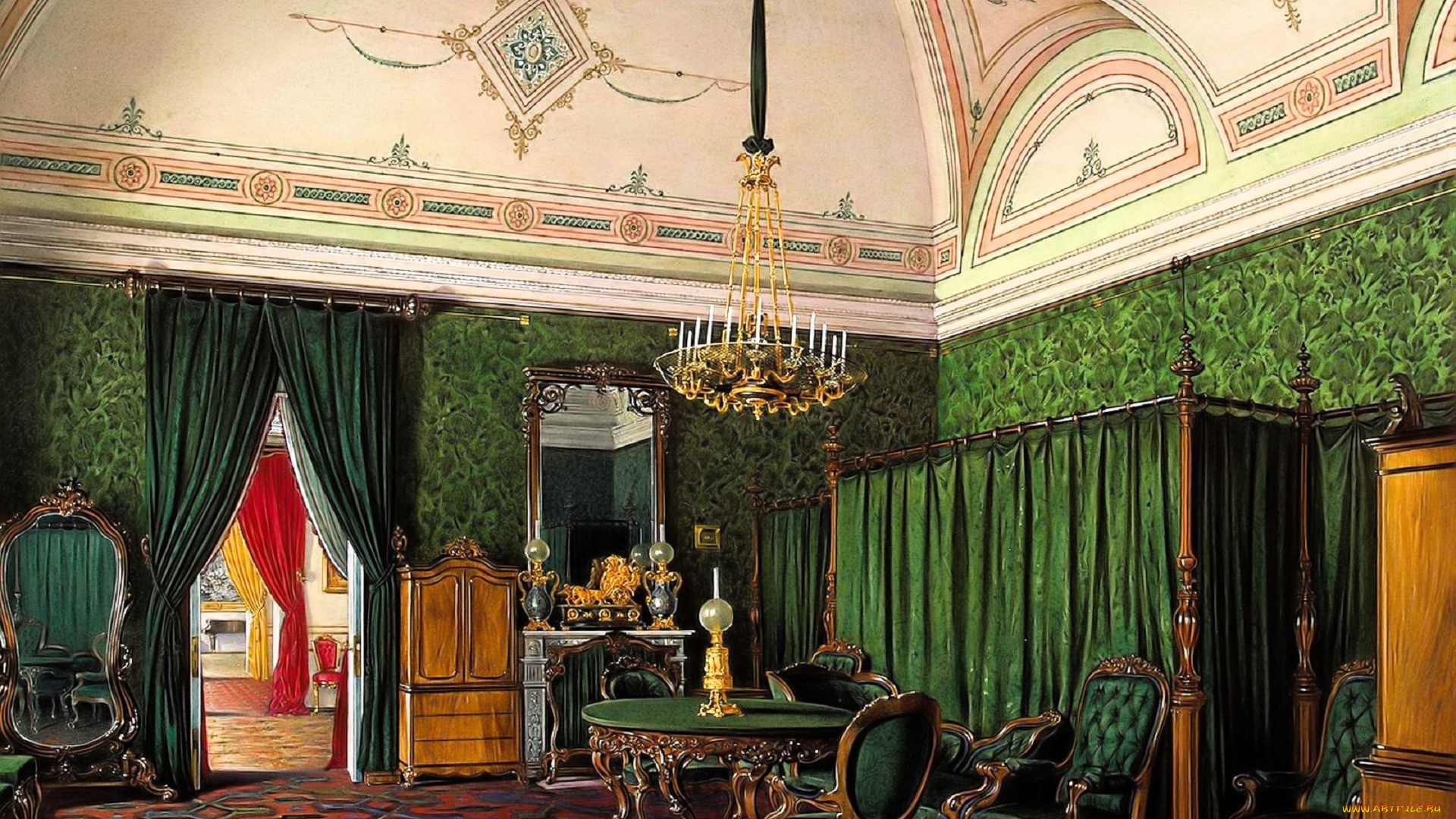 рисованное, эдуард, гау, дворец, интерьер, зал, свод, лепнина, люстра, стулья, стол, ковер, шторы, зеркала