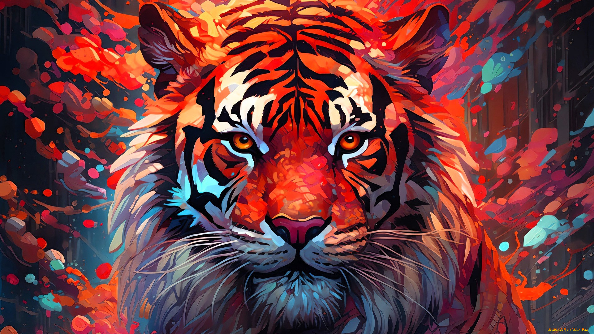 рисованное, животные, , тигры, тигр, голова, краски, брызги
