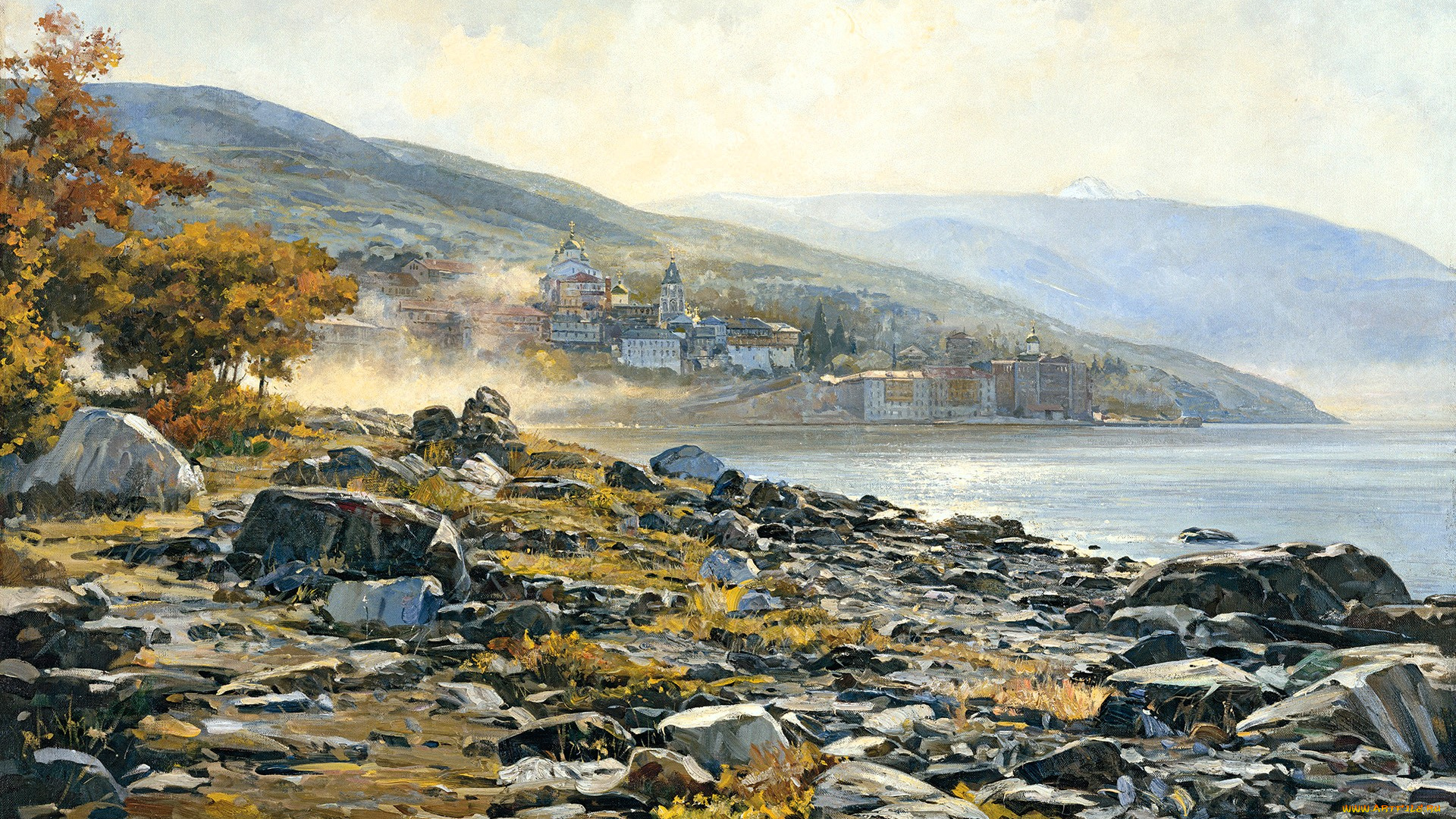 утро, на, афоне, рисованное, василий, нестеренко, горы, туман, монастырь, море, утро, деревья, камни