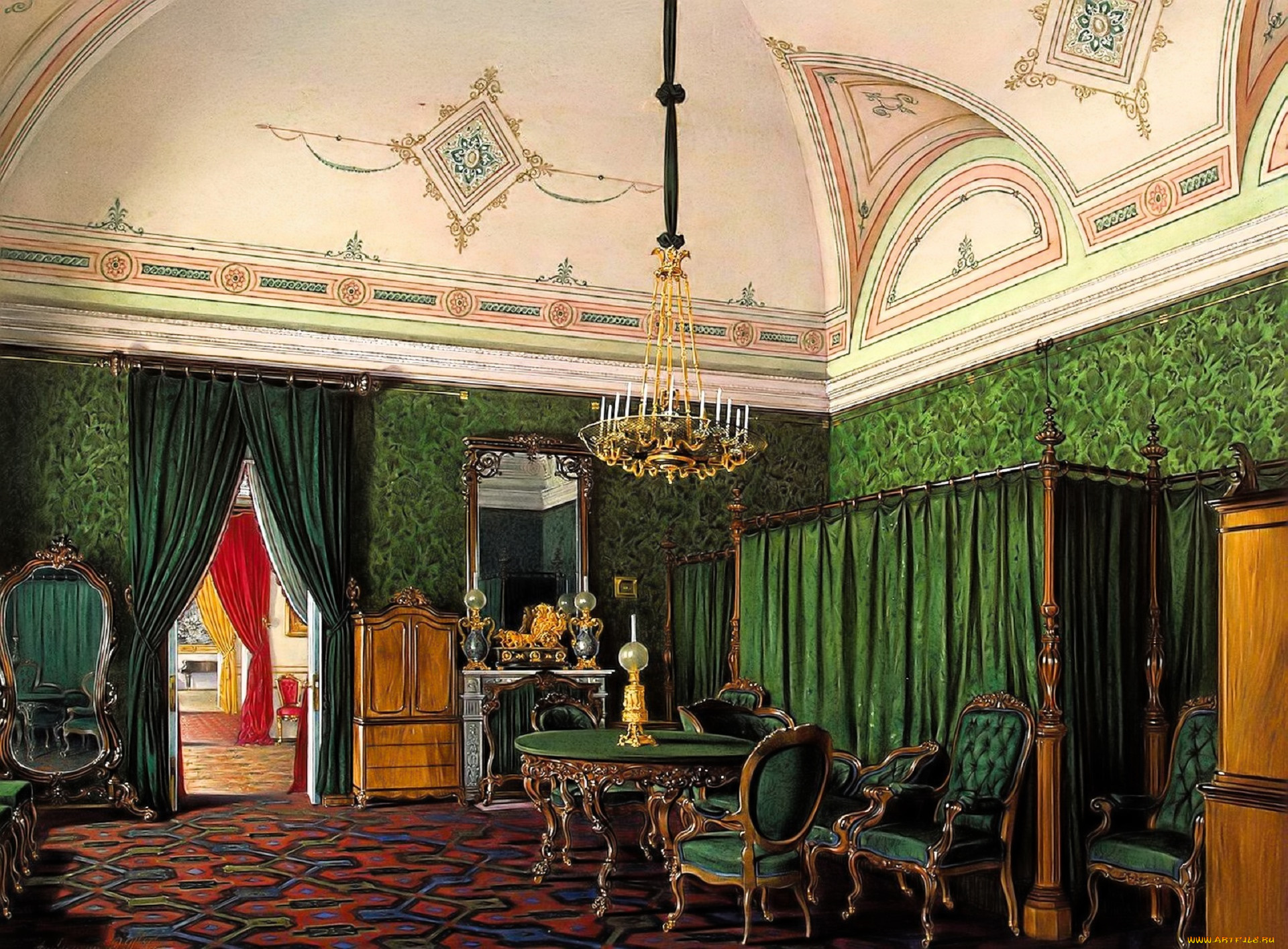 рисованное, эдуард, гау, дворец, интерьер, зал, свод, лепнина, люстра, стулья, стол, ковер, шторы, зеркала