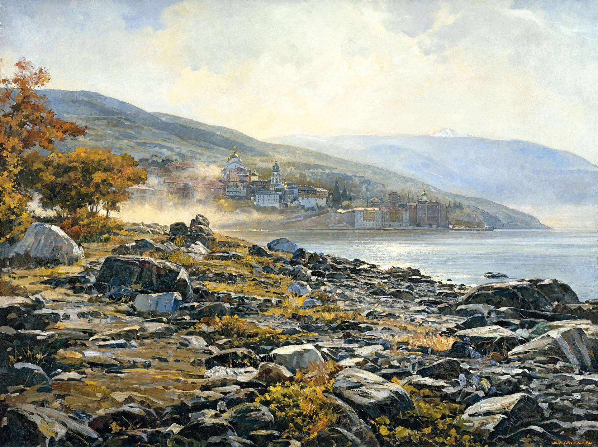 утро, на, афоне, рисованное, василий, нестеренко, горы, туман, монастырь, море, утро, деревья, камни