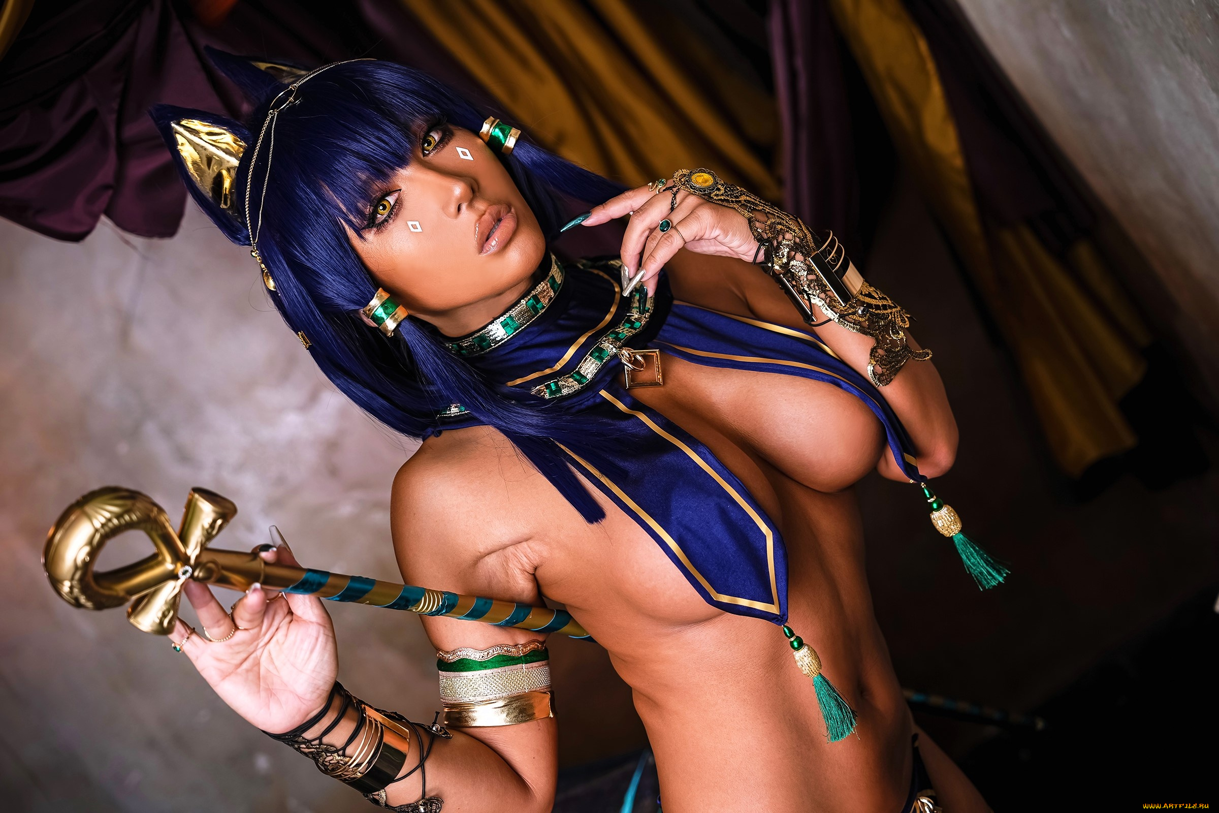 девушки, nonsummerjack, образ, косплей, наряд, египет, украшения, ушки, посох