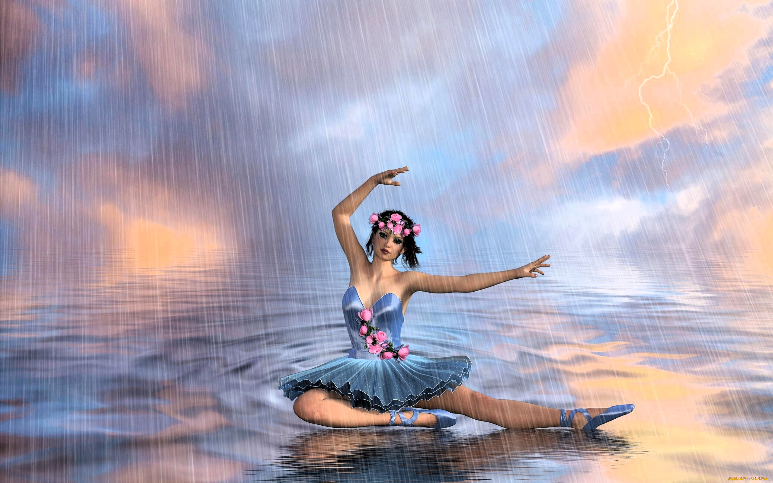3д, графика, люди, , people, девушка, балерина, цветы, дождь