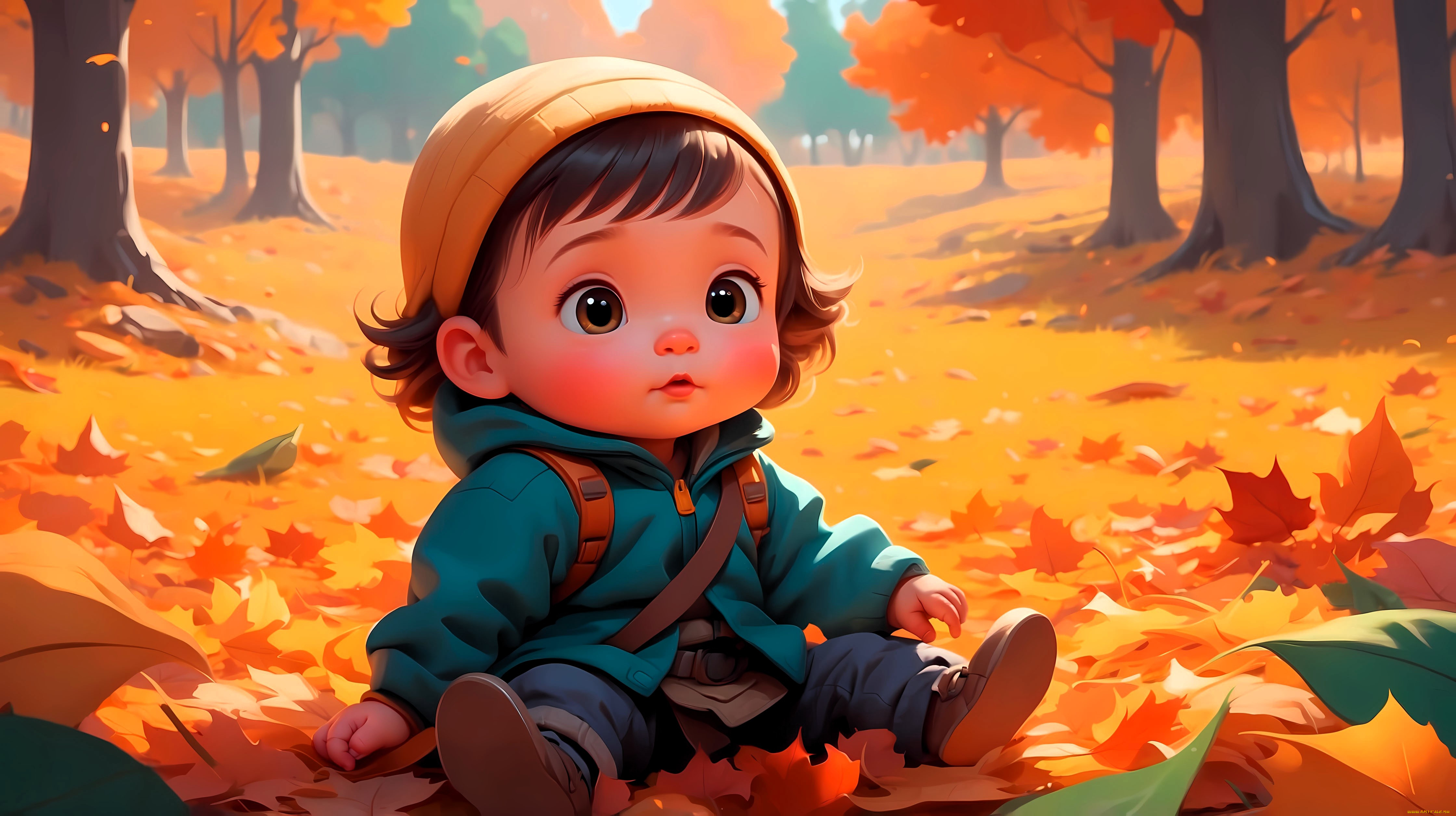рисованное, дети, ребенок, осень, парк, листья, деревья
