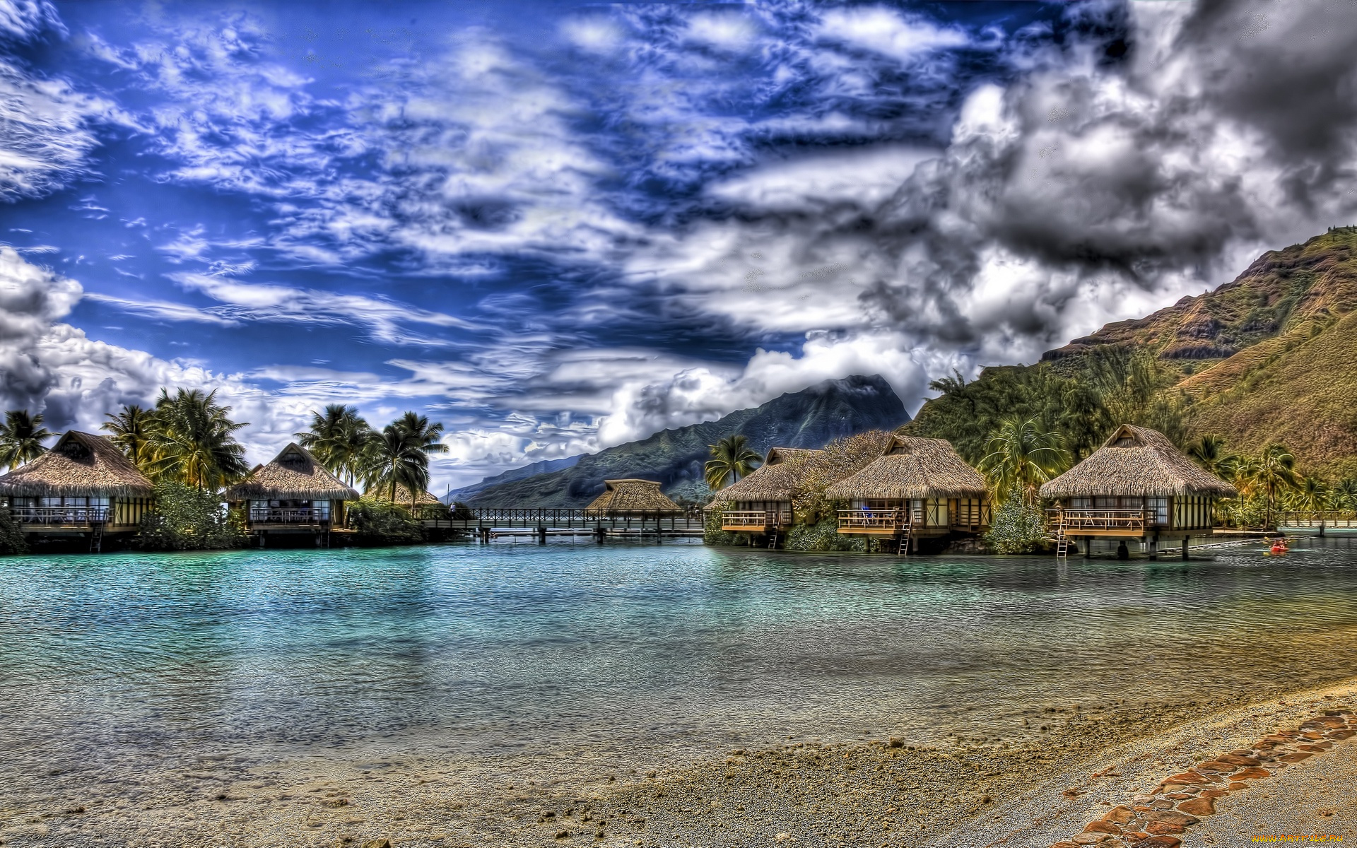 moorea, bungalows, природа, тропики