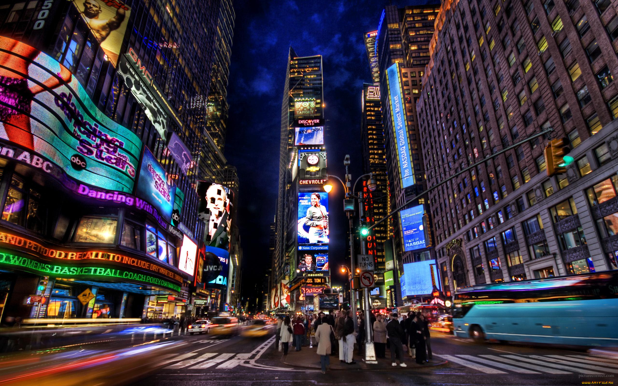 города, огни, ночного, times, square, new, york, city