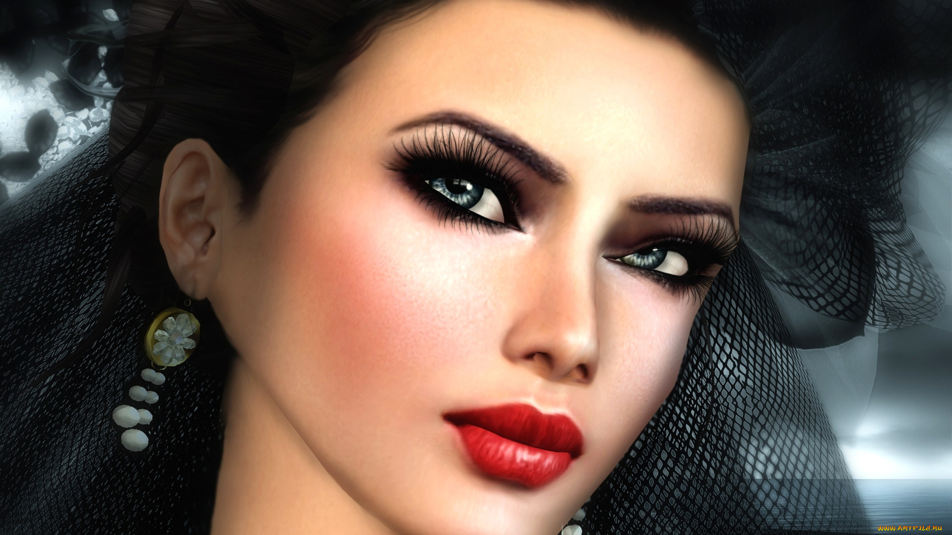 3д, графика, portraits, портрет, брюнетка, взгляд, серьги, девушка