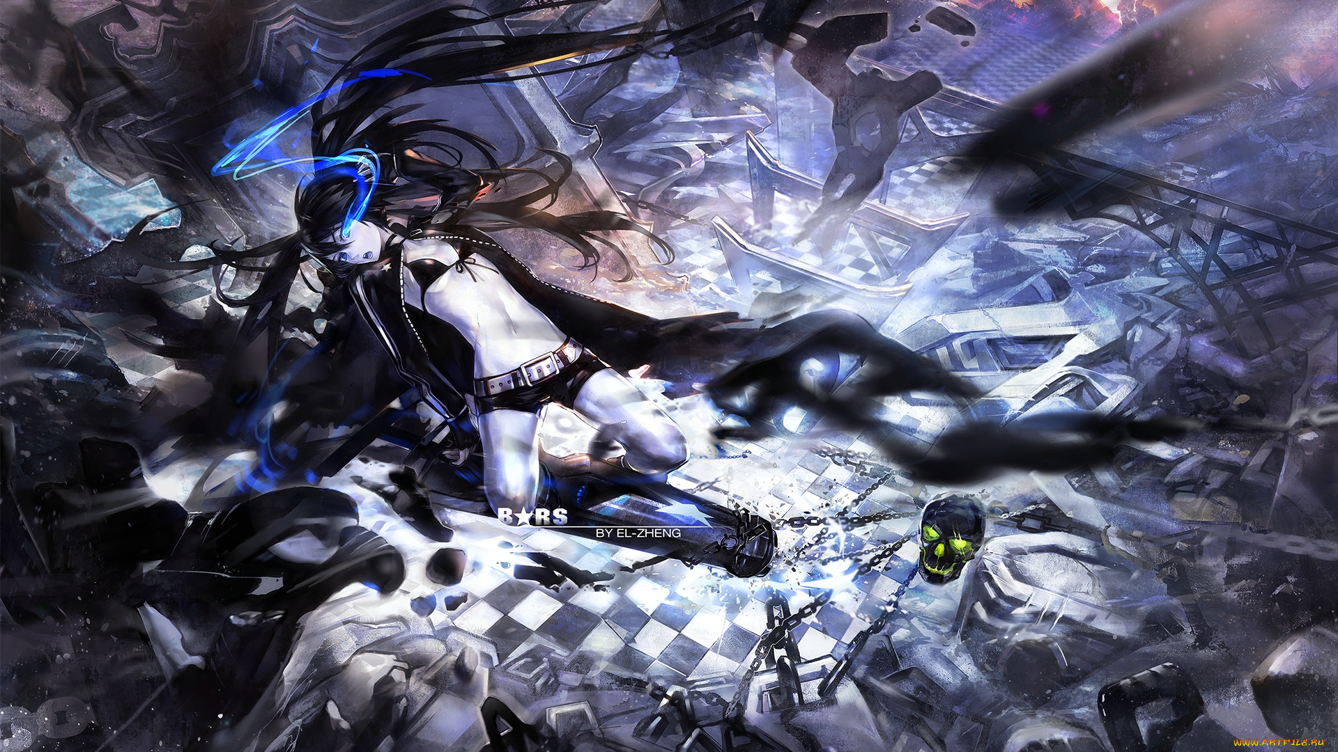 аниме, black, rock, shooter, цепи, оружие, тьма, череп, девушка