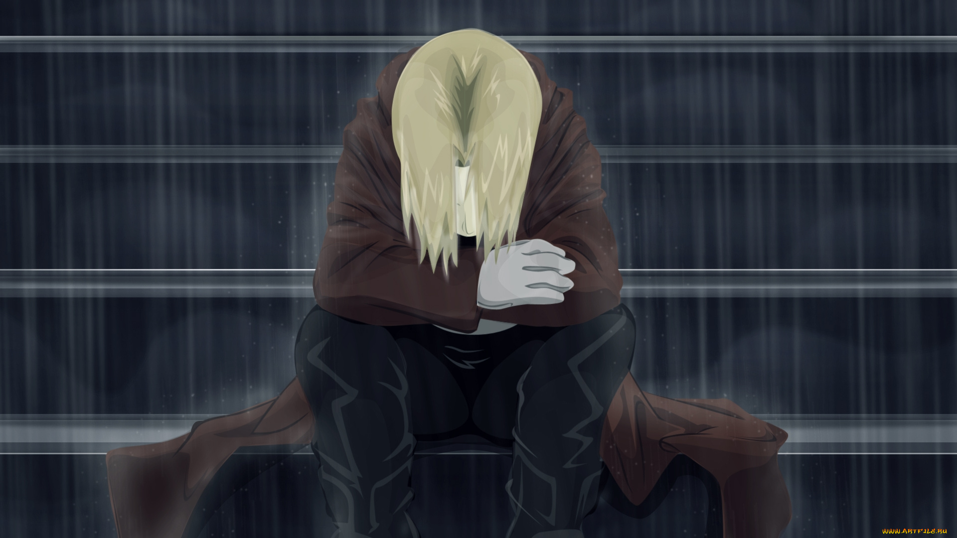 аниме, fullmetal, alchemist, лестница, слезы, алхимик, эдвард, дождь