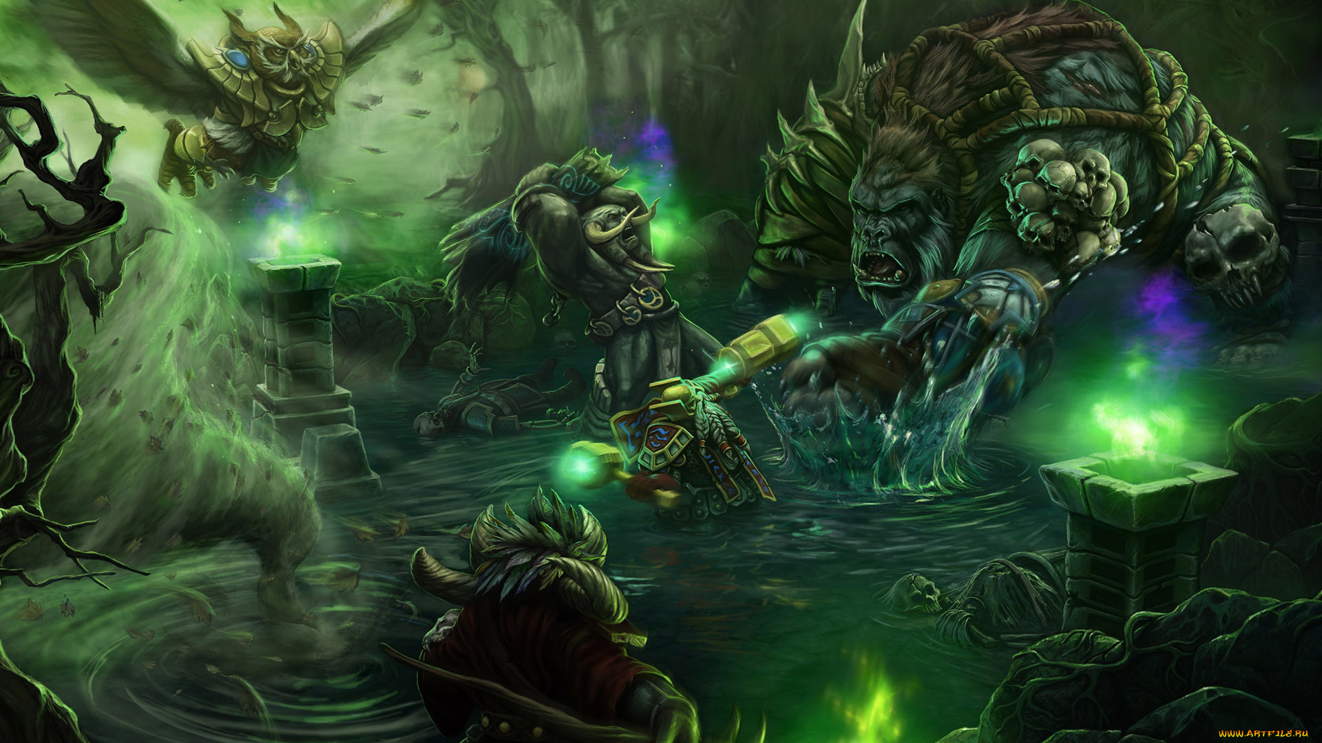 фэнтези, существа, битва, черепа, сова, орк, гномы