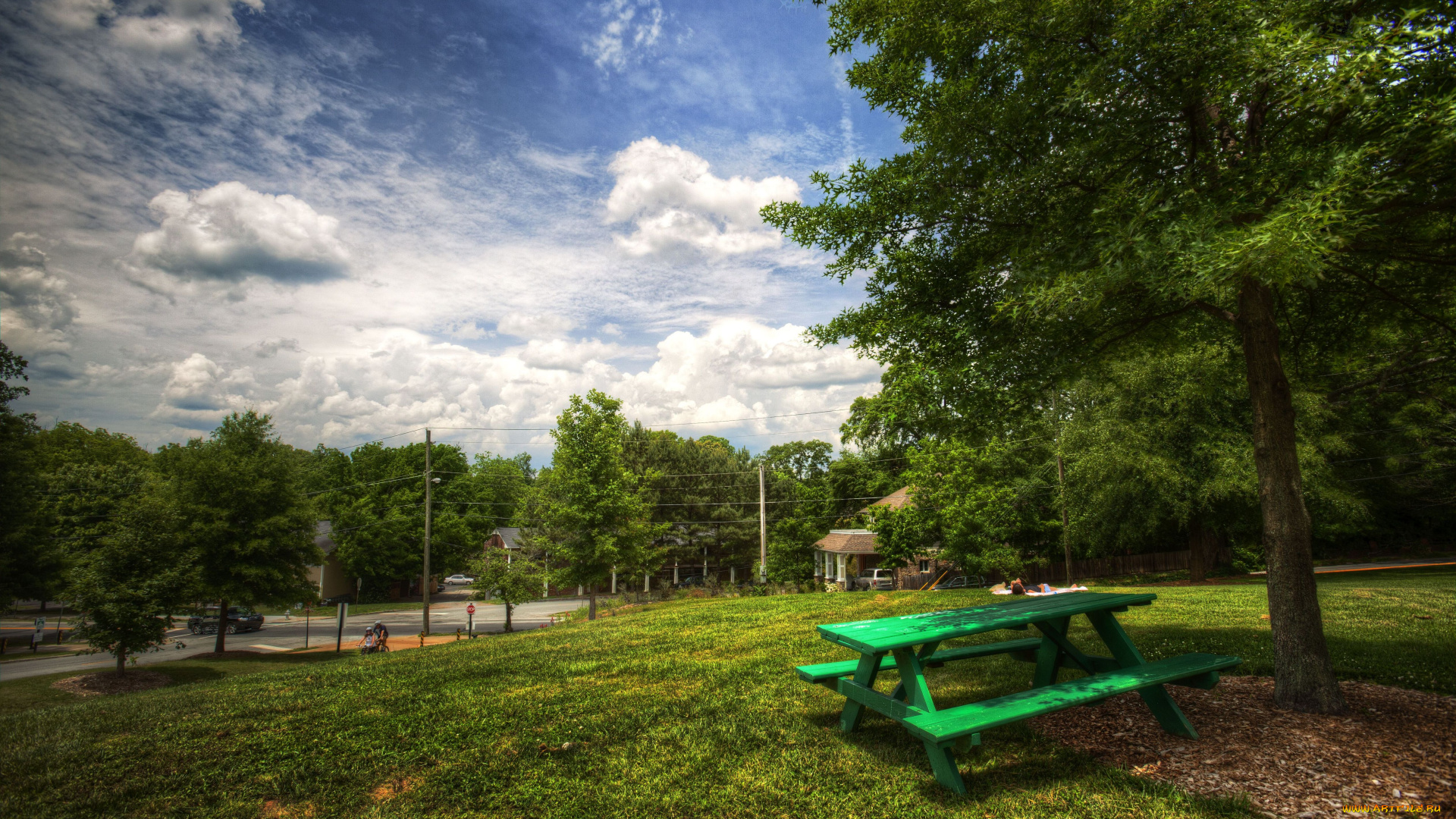 природа, пейзажи, скамья, дерево, небо, облака