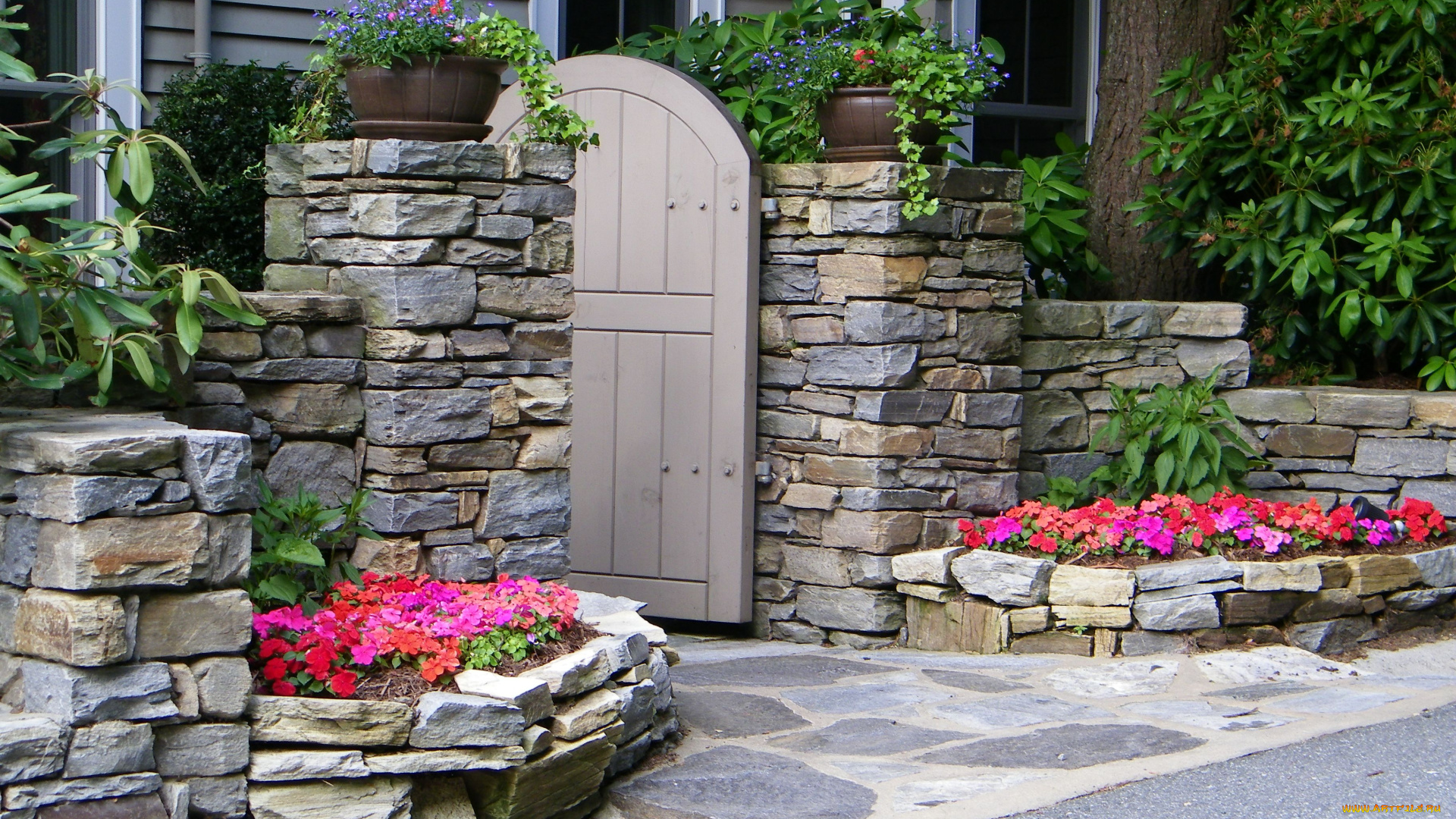 разное, элементы, архитектуры, каменная, кладка, дверь, цветы