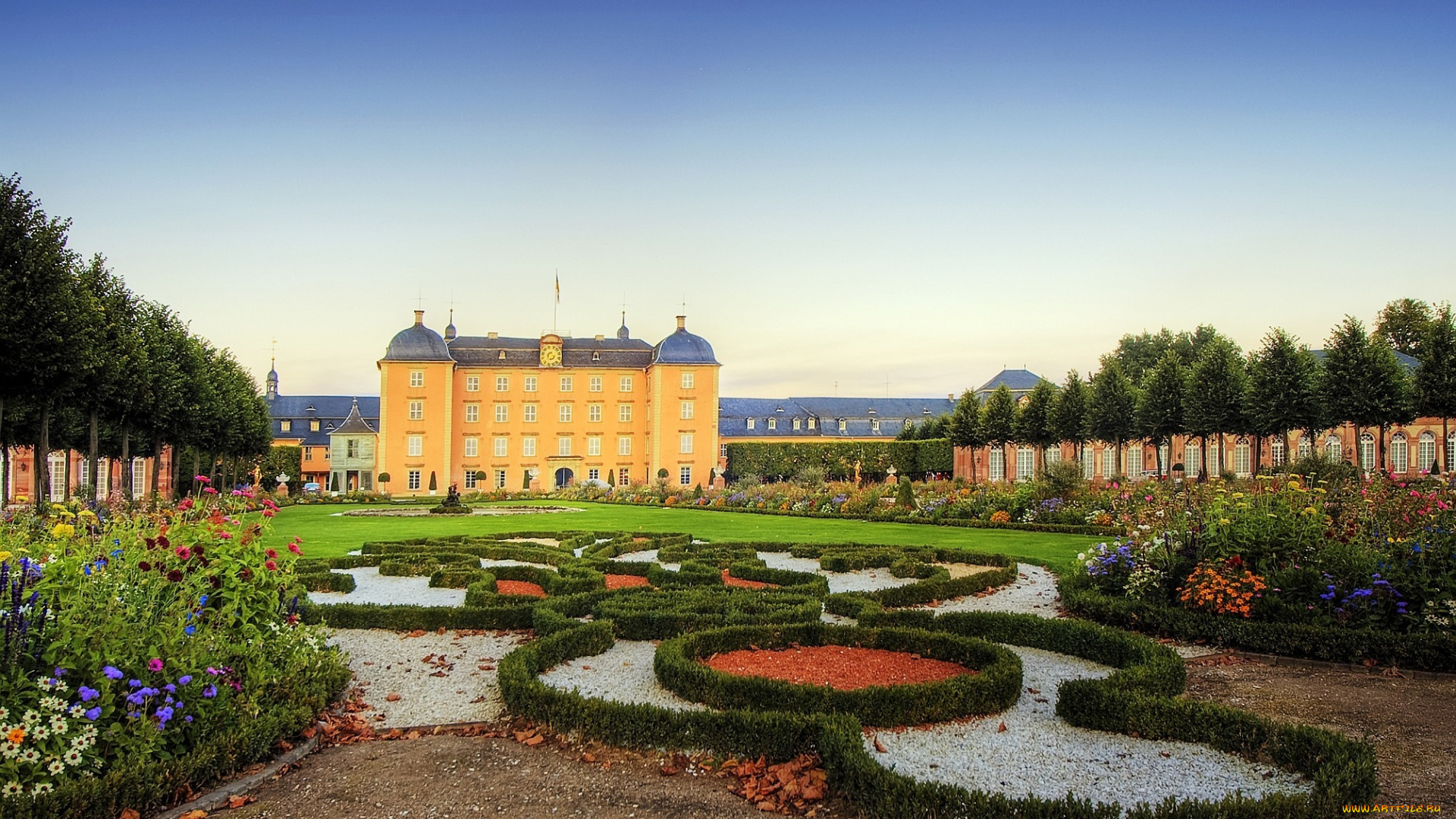 замок, шветцинген, германия, города, дворцы, замки, крепости, здание, цветы, газон