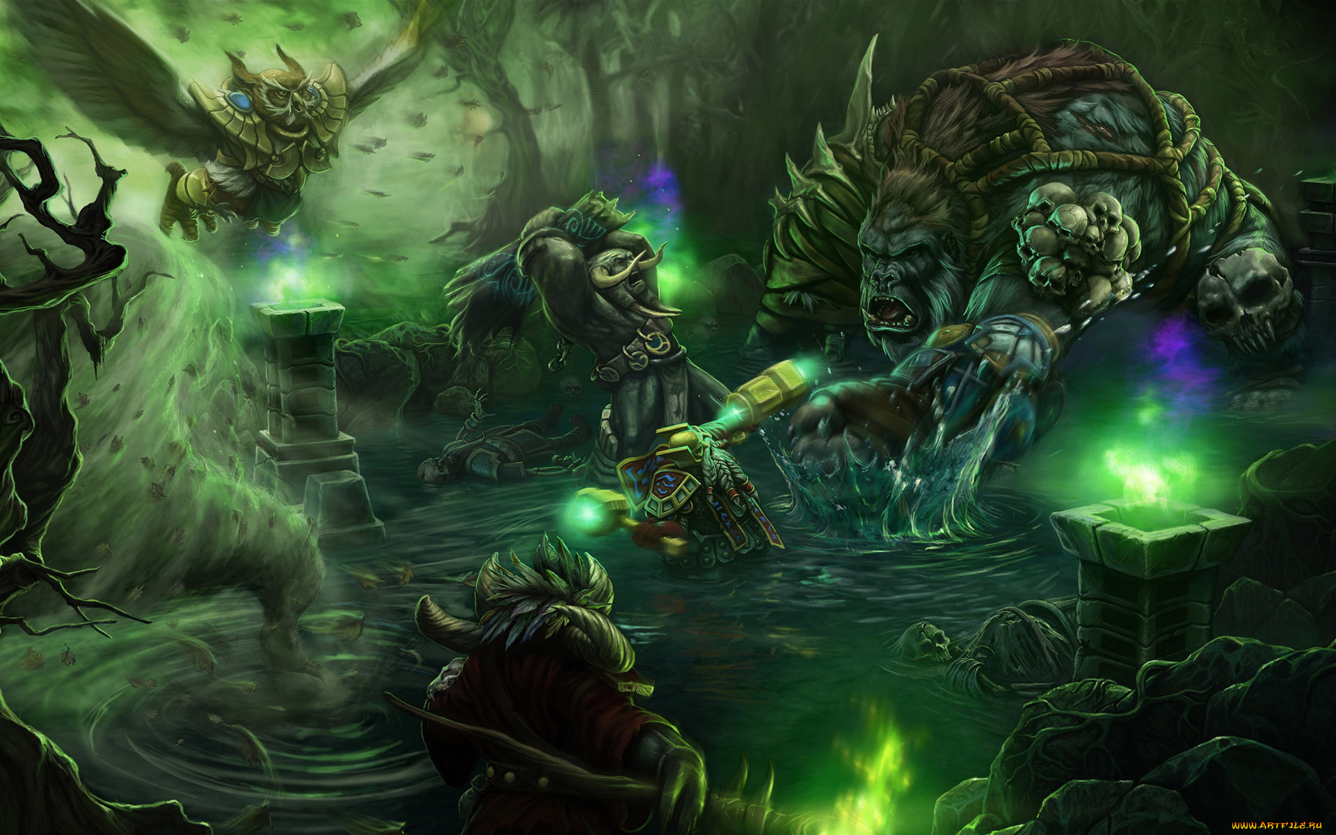 фэнтези, существа, битва, черепа, сова, орк, гномы