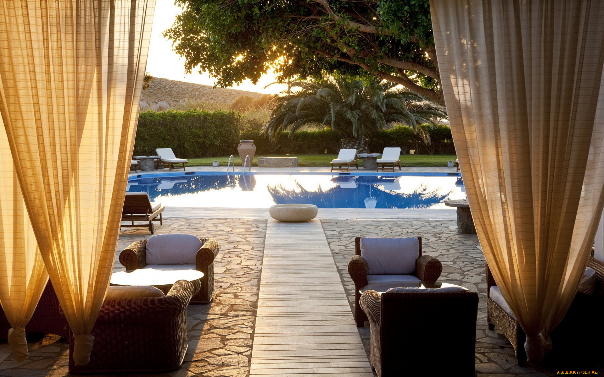 интерьер, бассейны, открытые, площадки, кресло, пальма, особняк, бассейн, шторы