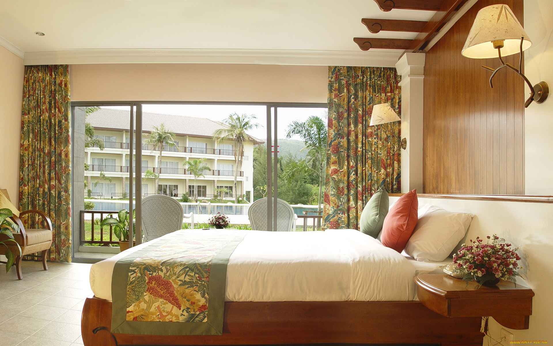 интерьер, спальня, цветы, дизайн, вид, из, окна, кровать, подушки