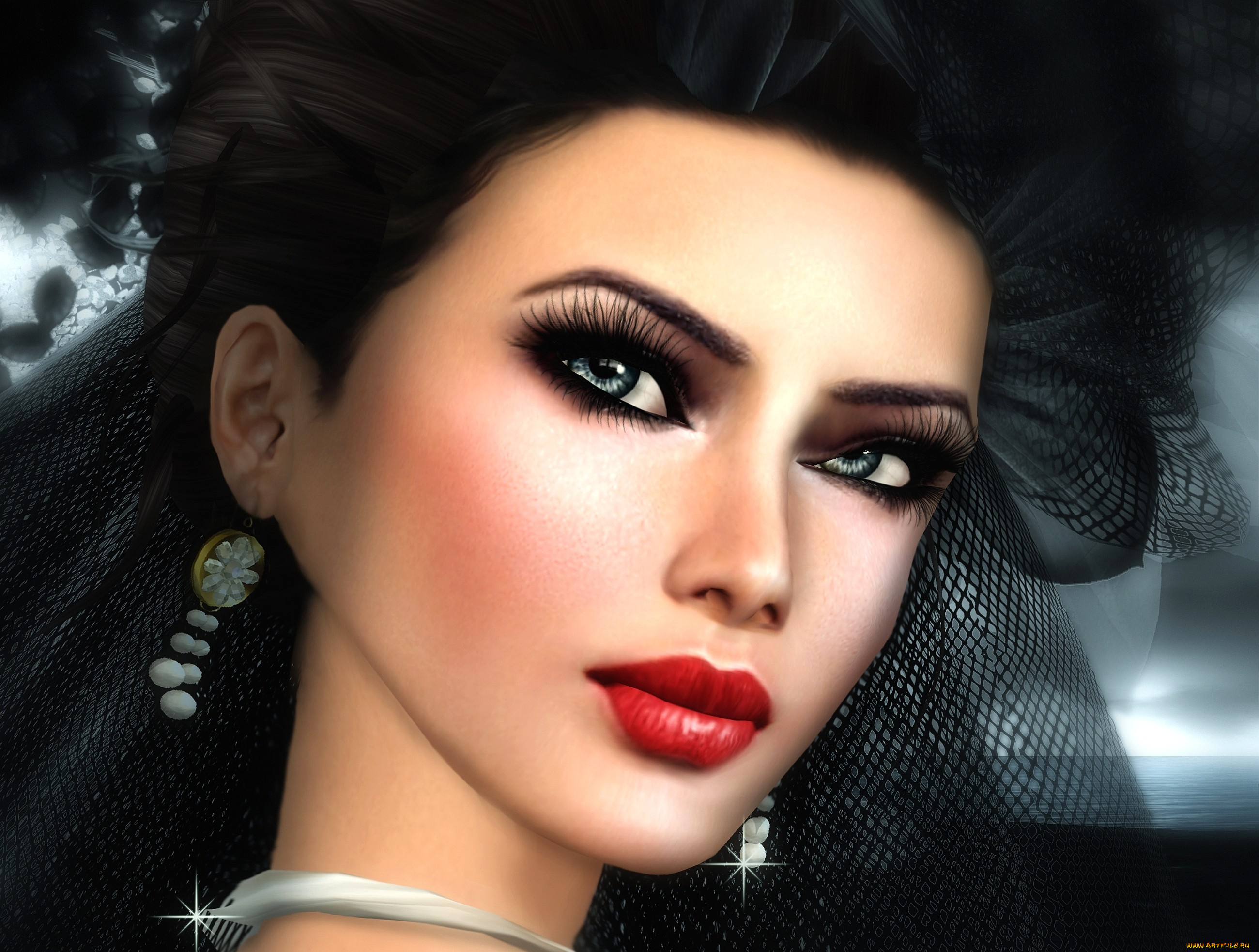 3д, графика, portraits, портрет, брюнетка, взгляд, серьги, девушка