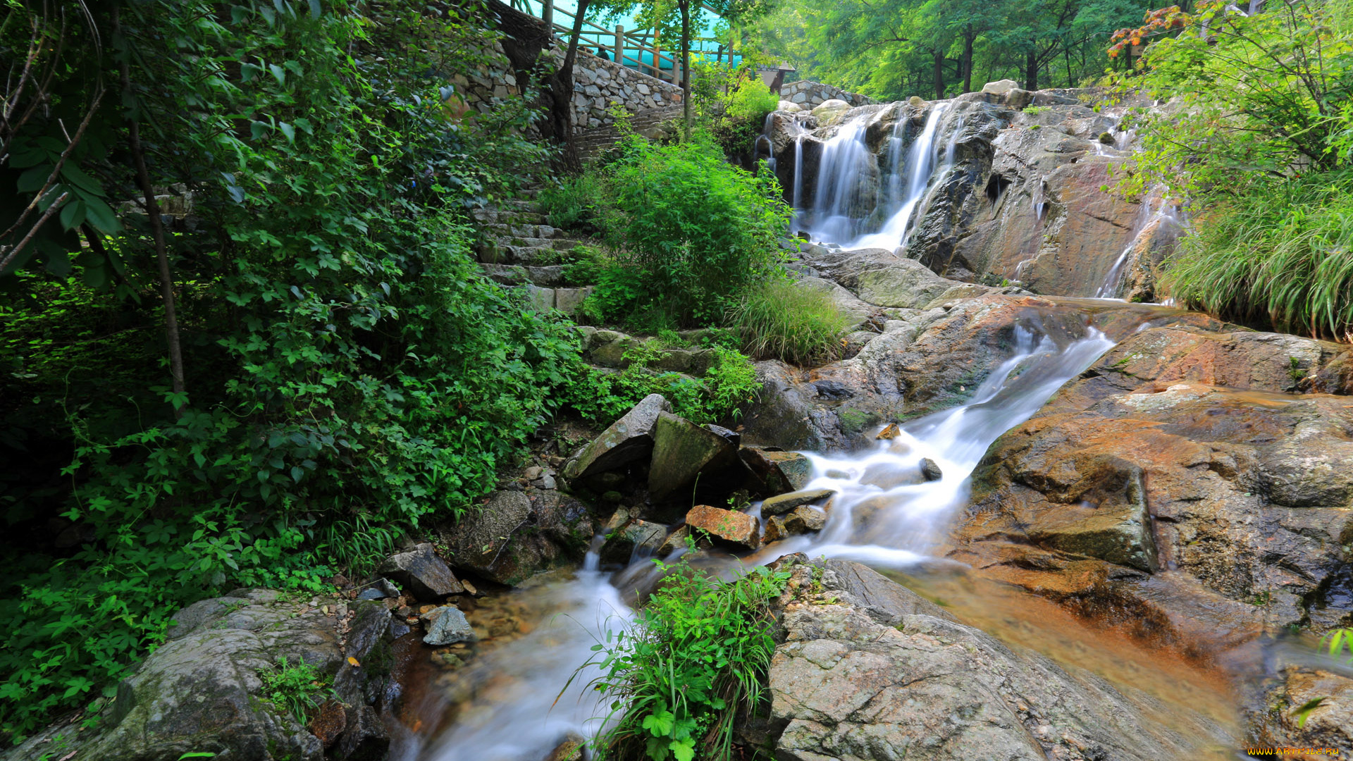 природа, водопады, камни, ручей, зелень