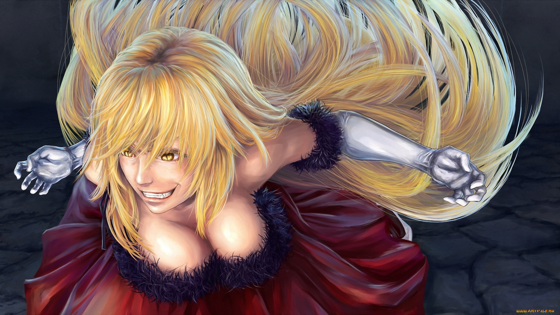 аниме, bakemonogatari, девушка, клыки, перчатки, kissshot, acerolaorion, heartunderblade, платье