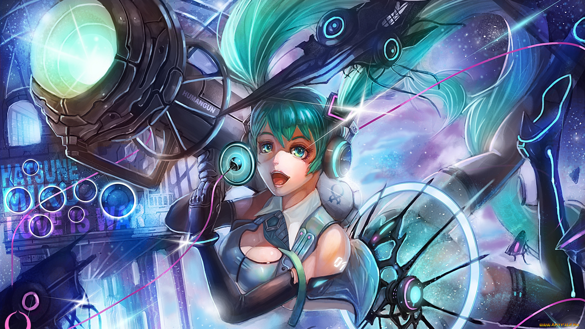 аниме, vocaloid, грудь, свет, наушники, девушка