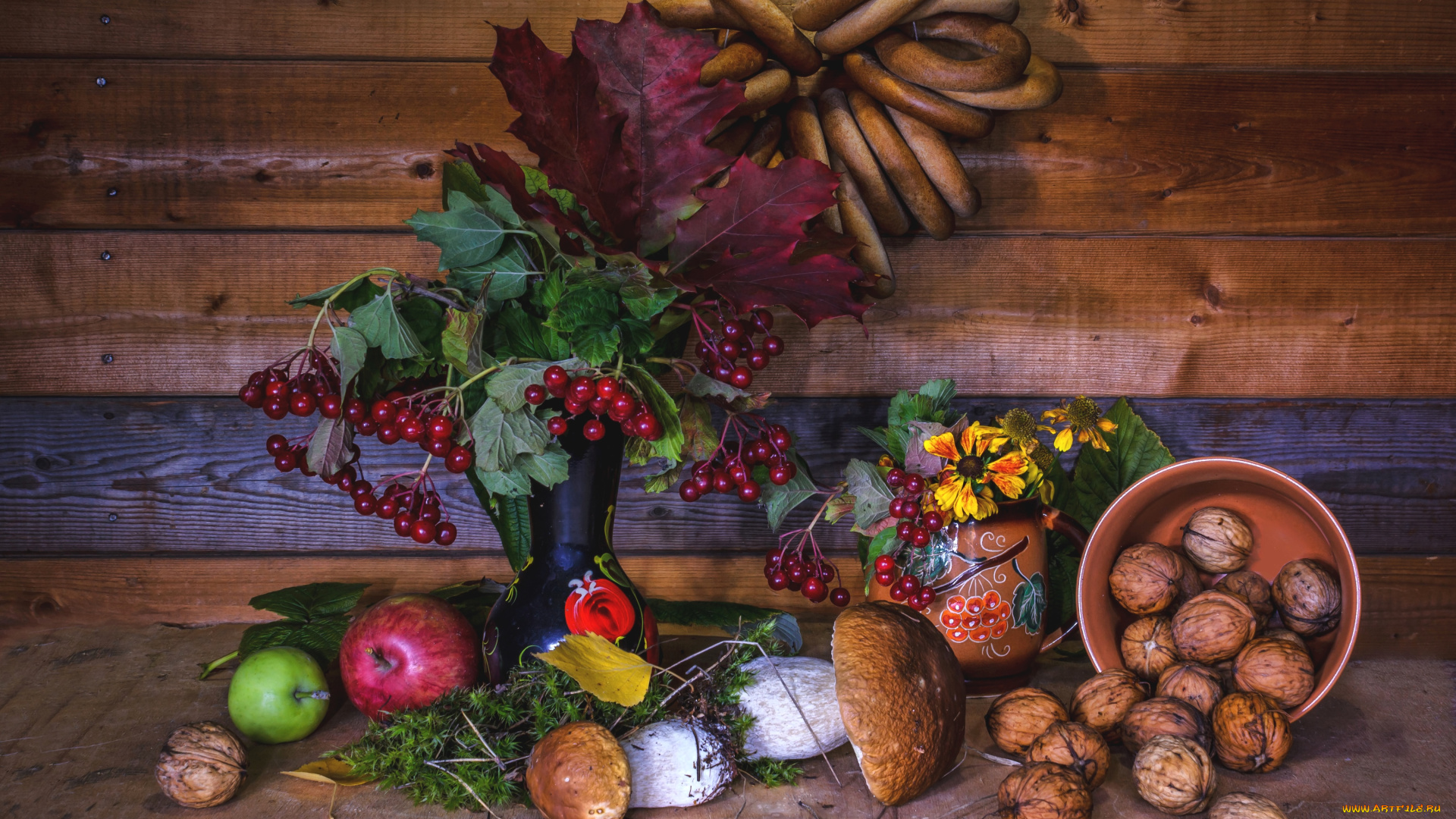 еда, натюрморт, грибы, орехи, калина, сушки, яблоки