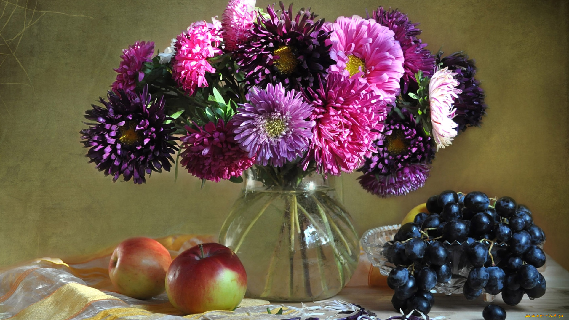 еда, натюрморт, виноград, астры, яблоки