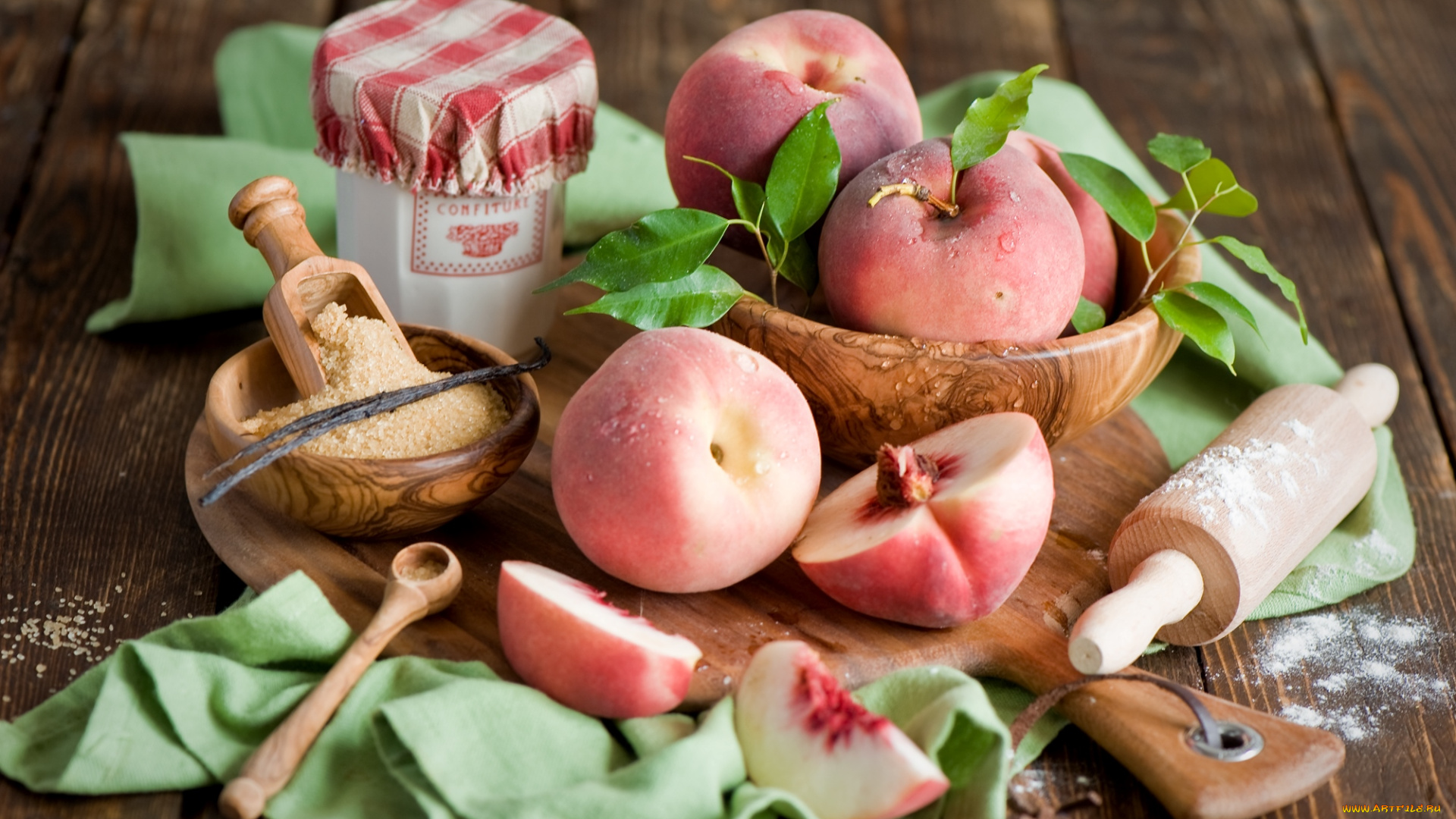 еда, персики, сливы, абрикосы, скалка, сахар