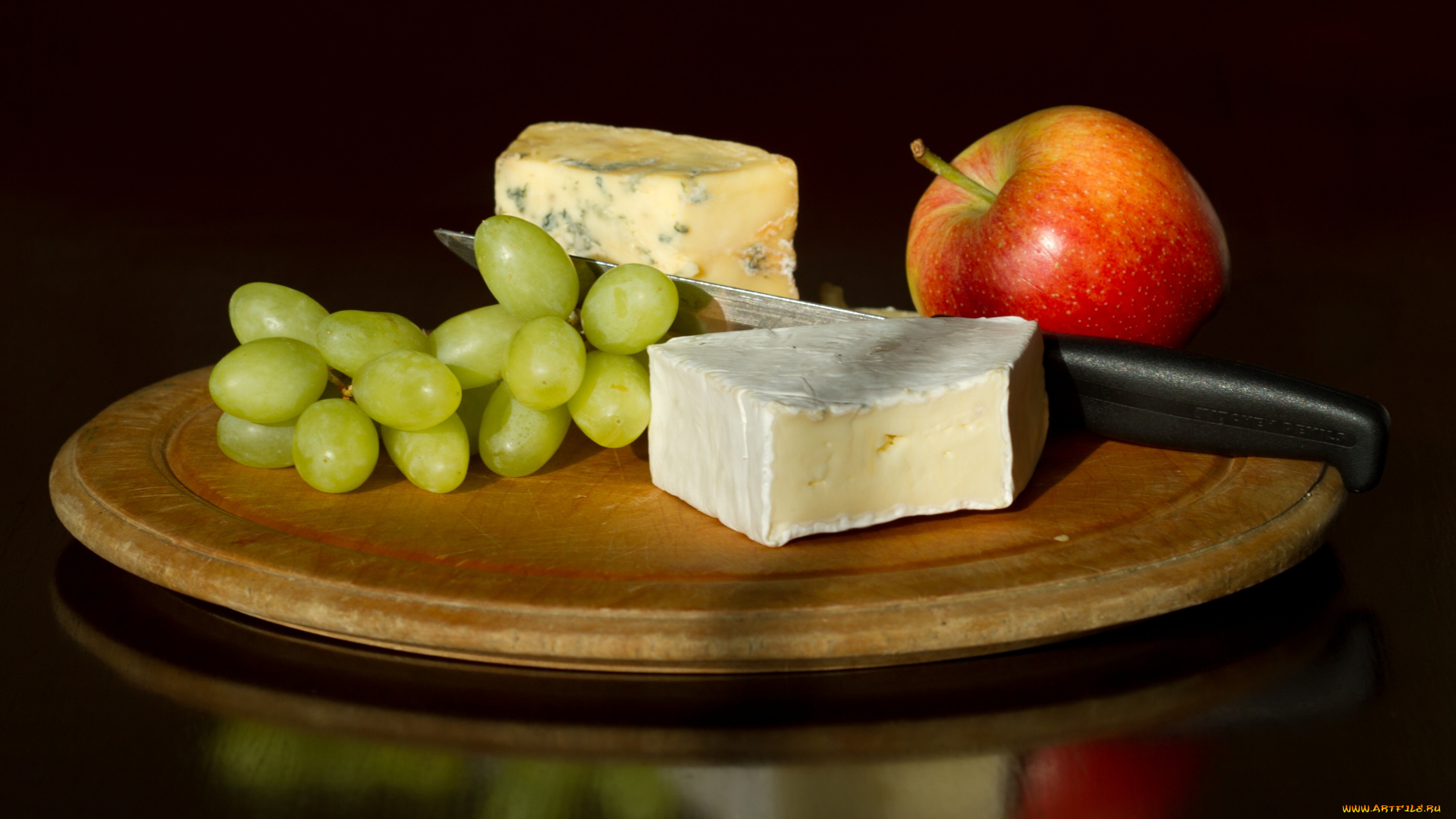 еда, разное, натюрморт, нож, сыр, яблоко, виноград