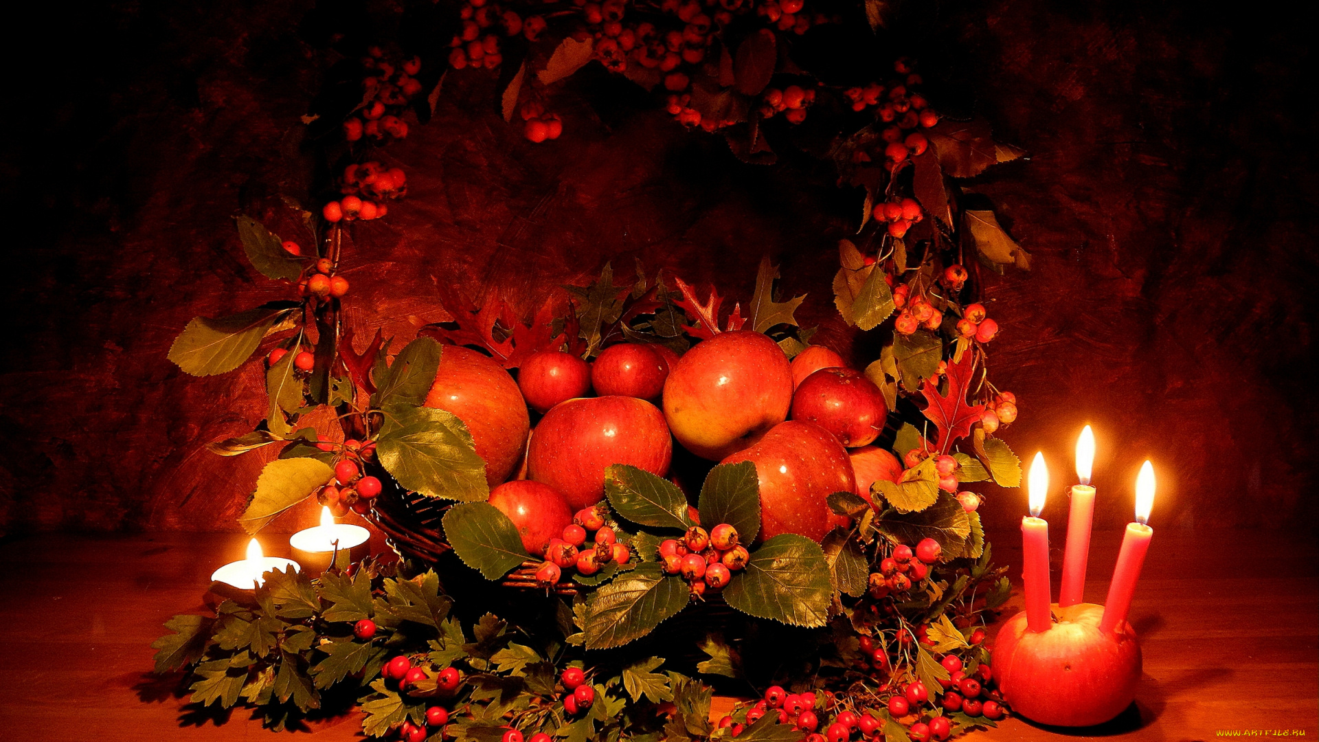 еда, Яблоки, боярышник, корзина, свечи, композиция