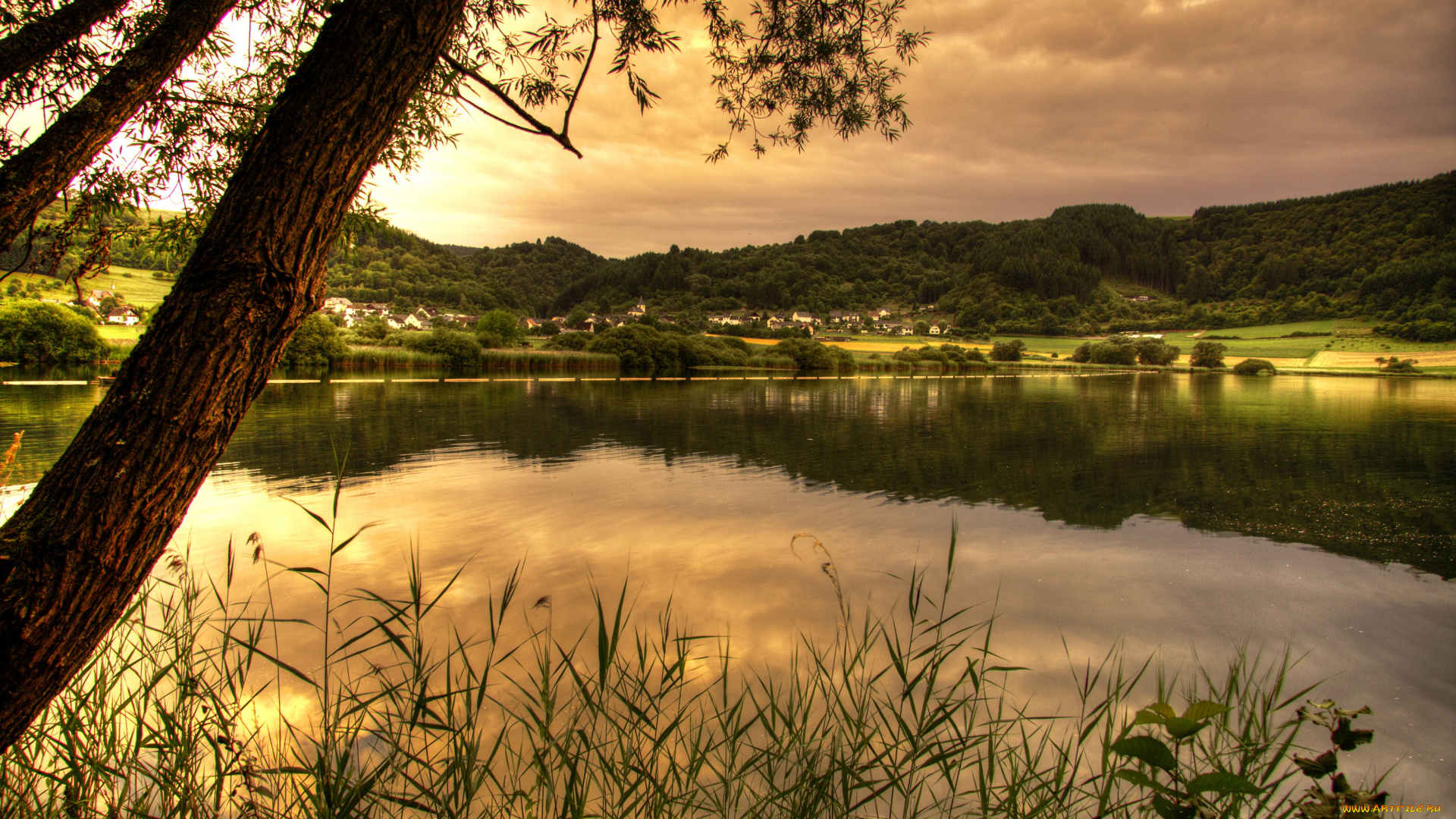 германия, мерфельд, природа, восходы, закаты, пейзаж, дома, река, лес, закат