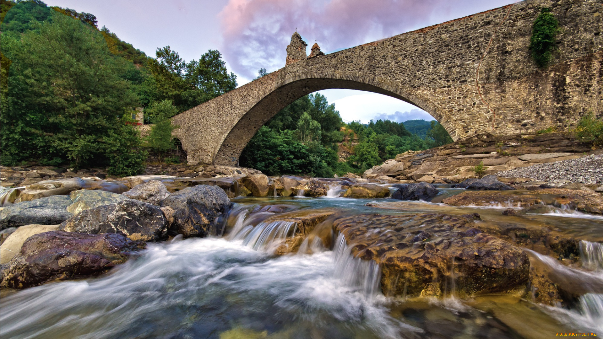 италия, эмилия, романья, природа, реки, озера, лес, река, камни, пороги, каменный, мост, ночь