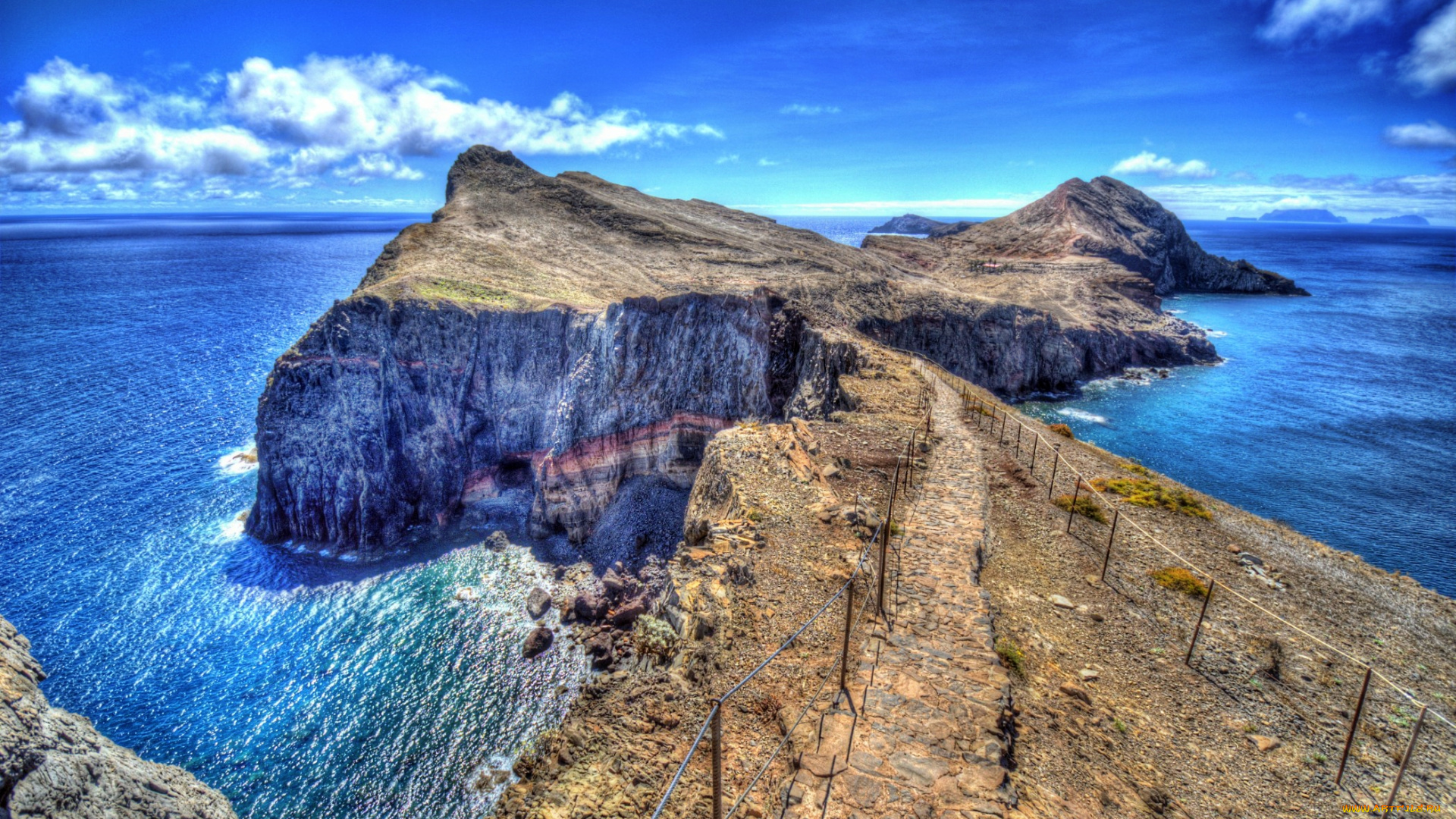 португалия, madeira, природа, побережье, изгородь, тропинка, облака, скалы, берег, море