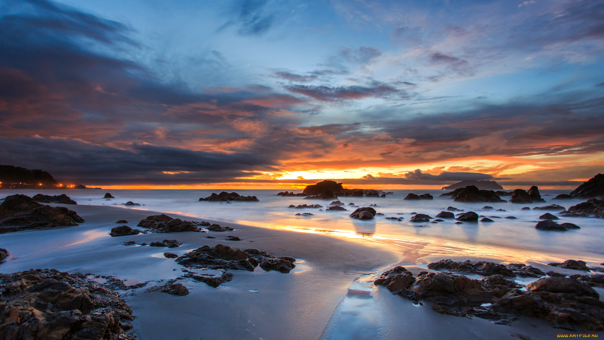 природа, побережье, песок, камни, берег, небо, облака, тучи, голубое, закат, океан, вечер, оранжевый, австралия